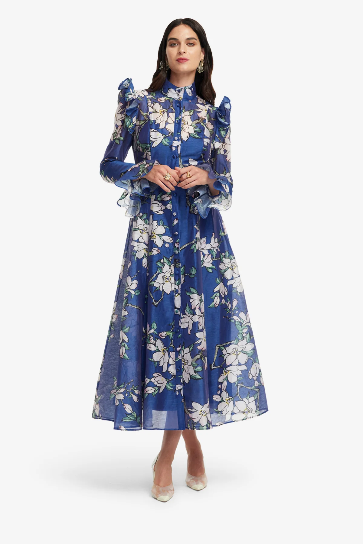 Katrina Butterfly Sleeve Midi Dress - Midnight Magnolia Print - Image 3