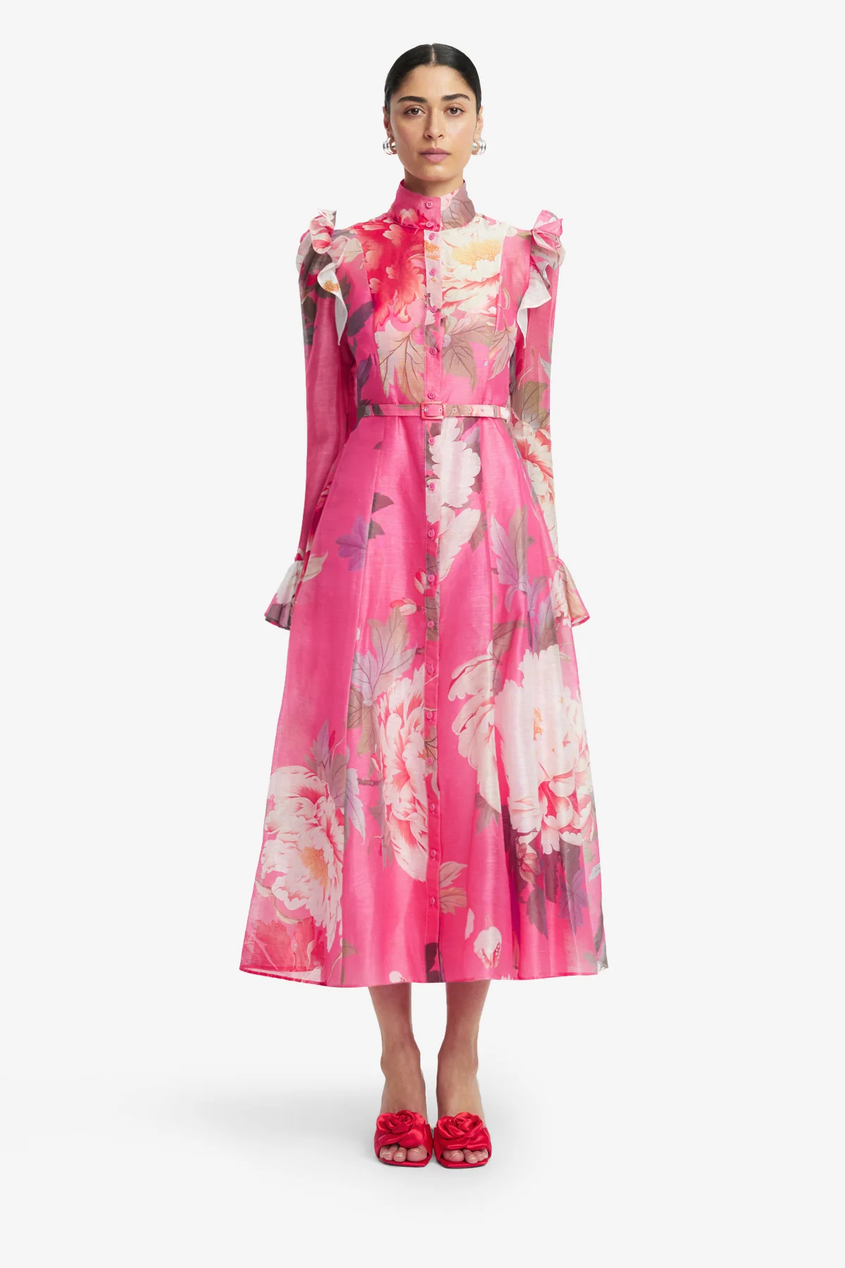 Katrina Butterfly Sleeve Midi Dress - Peony Print in Fuchsia - Image 2