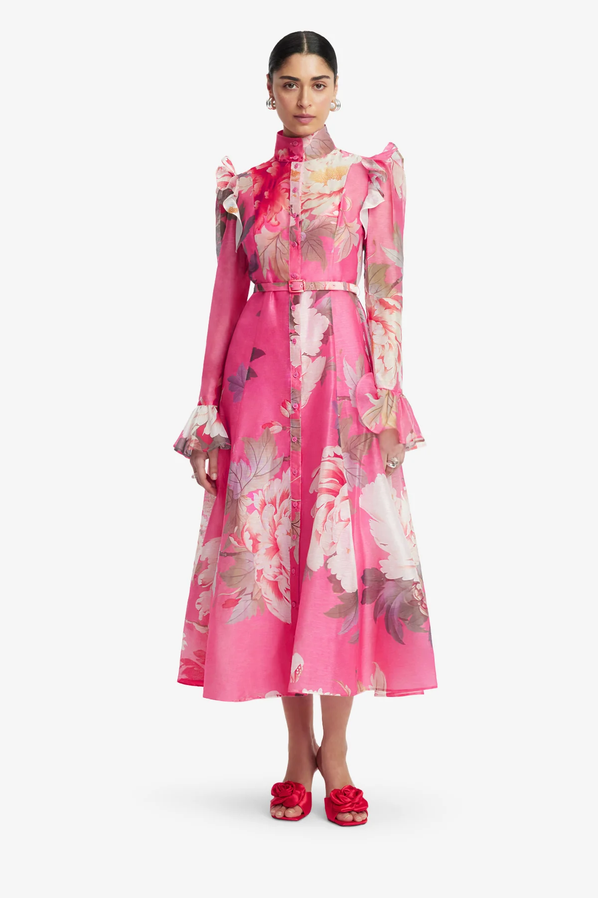 Katrina Butterfly Sleeve Midi Dress - Peony Print in Fuchsia - Image 3