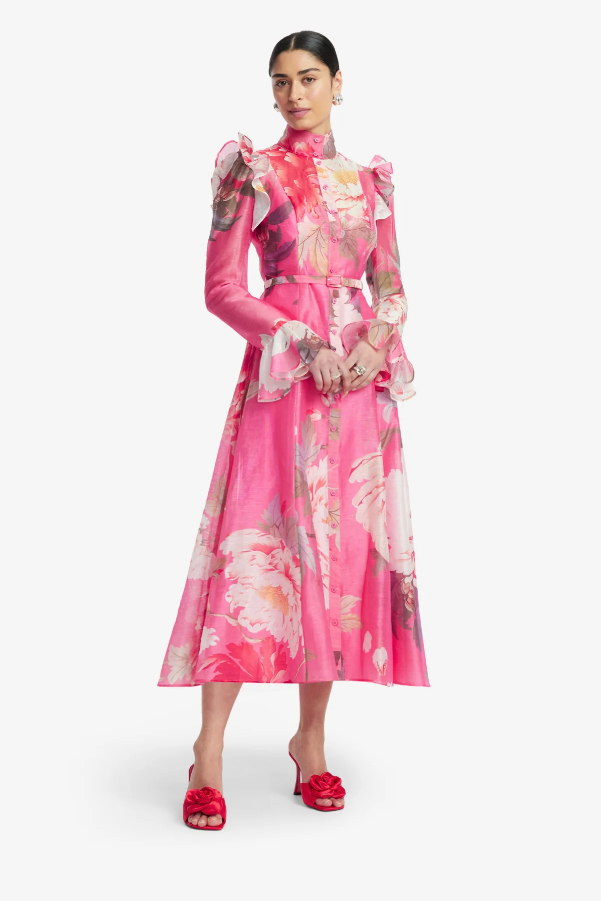 Katrina Butterfly Sleeve Midi Dress - Peony Print in Fuchsia - Image 4