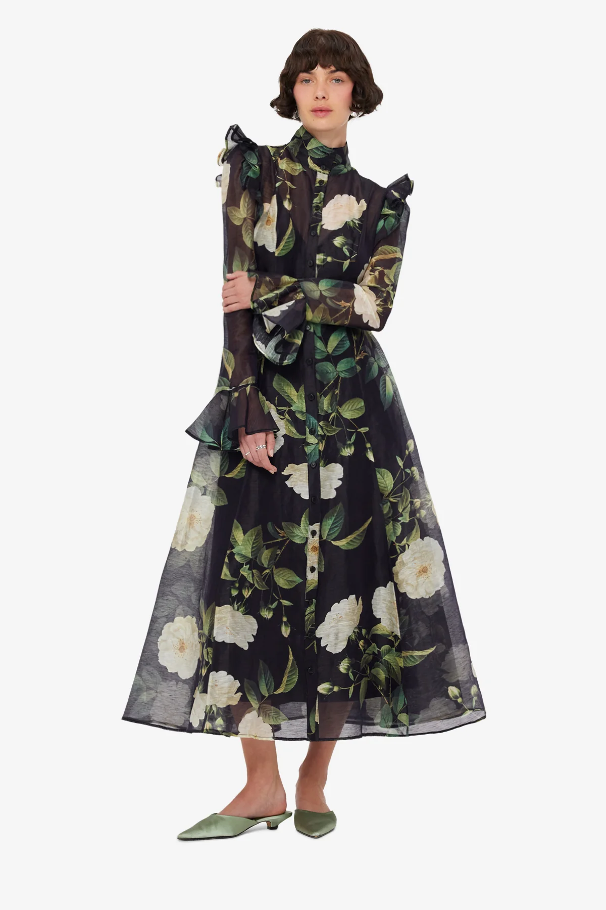 Katrina Butterfly Sleeve Midi Dress - White Rose Print - Image 3
