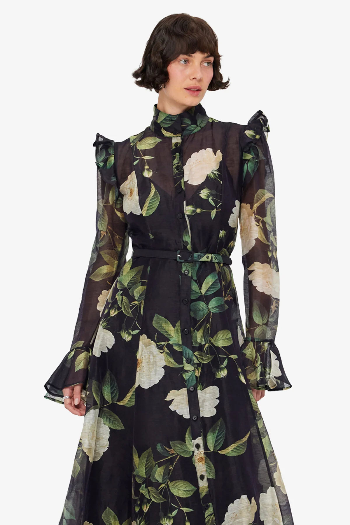 Katrina Butterfly Sleeve Midi Dress - White Rose Print - Image 6