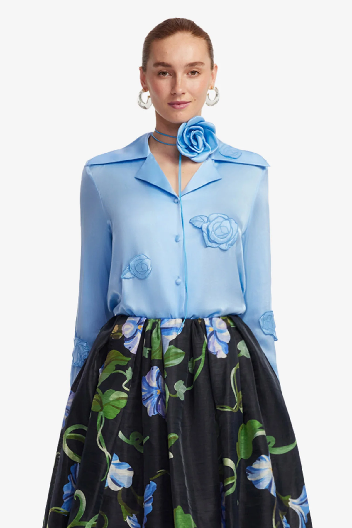Kristina Appliqué Silk Blouse - Pastel Blue - Image 2
