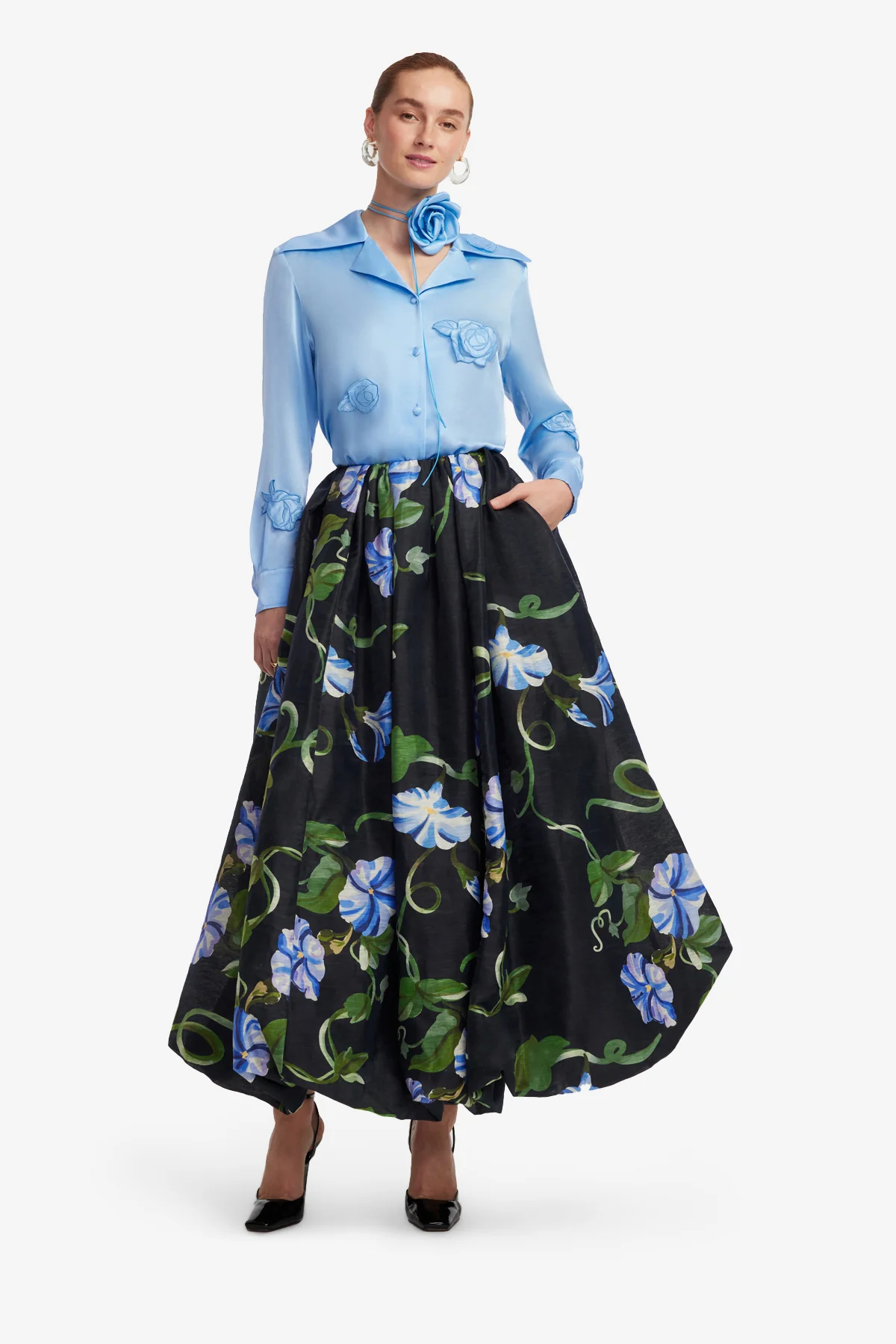 Kristina Appliqué Silk Blouse - Pastel Blue - Image 3