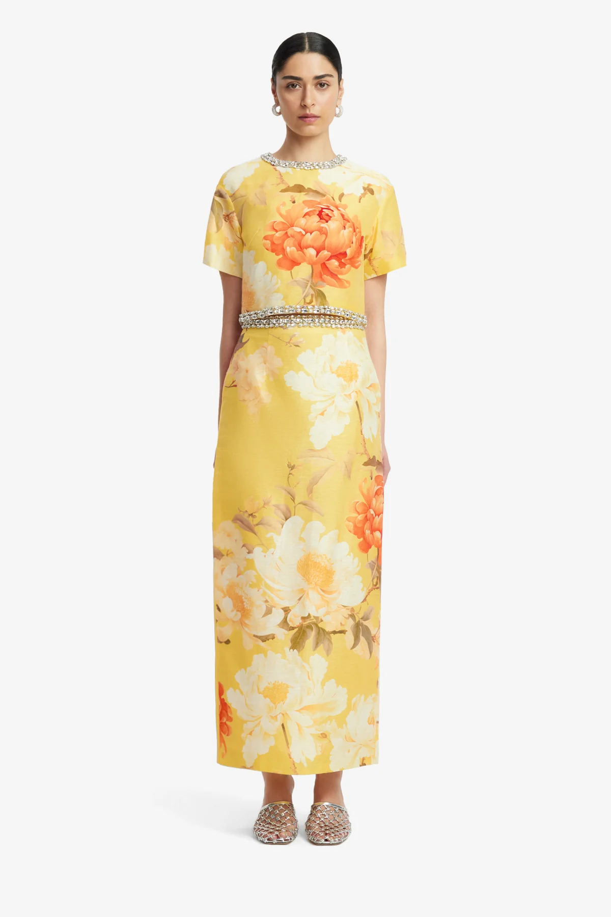 Kyra Embellished Maxi Skirt - Peony Print in Yellow - Image 2
