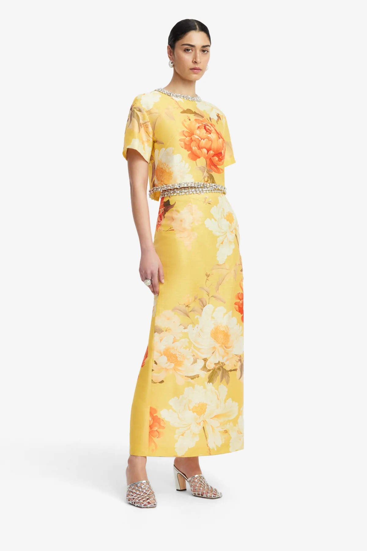 Kyra Embellished Maxi Skirt - Peony Print in Yellow - Image 4