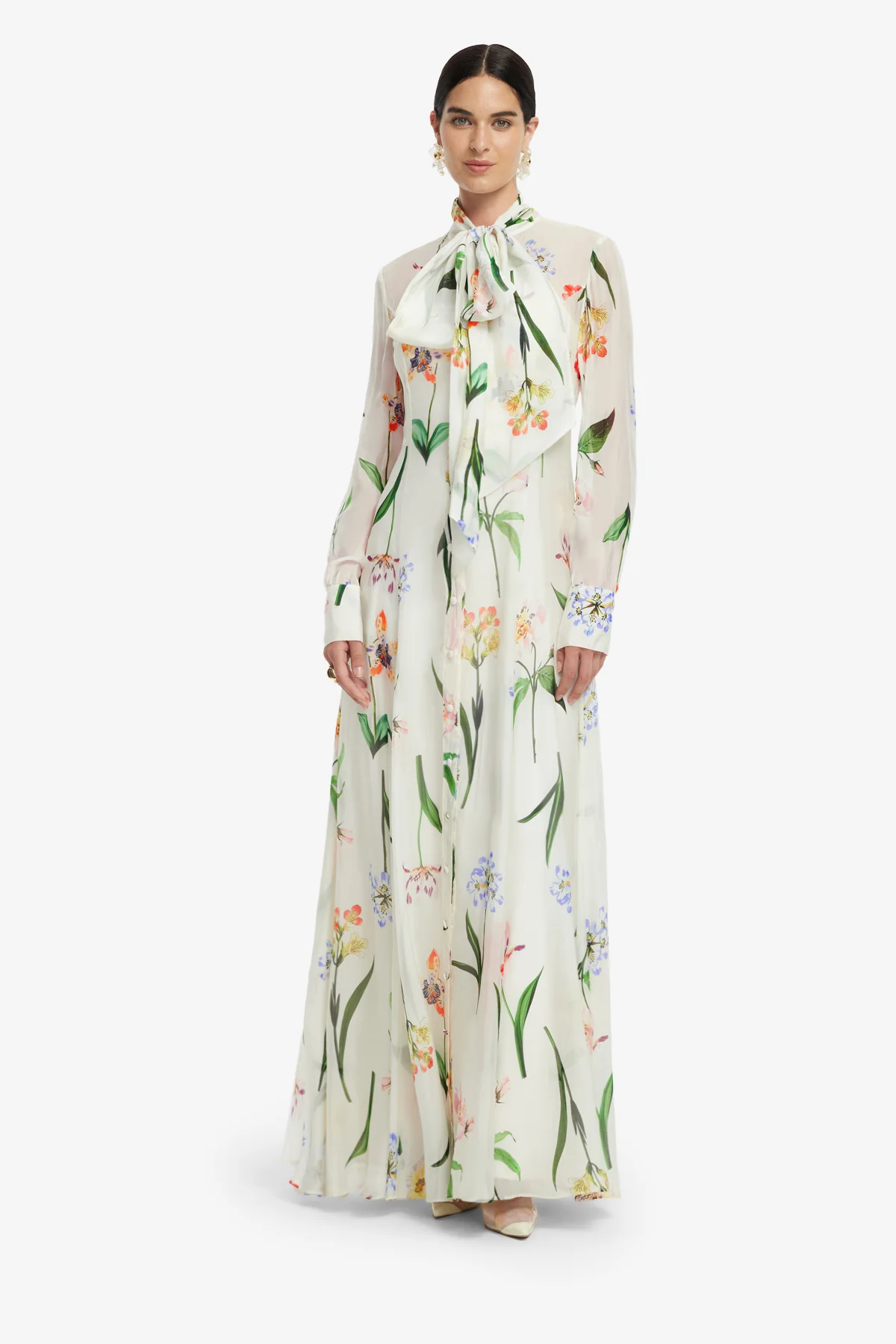 Lilith Tie Neck Maxi Dress - Botanical Print in Snow - Image 3