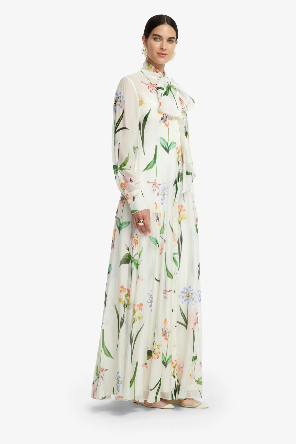 Lilith Tie Neck Maxi Dress - Botanical Print in Snow - Image 4