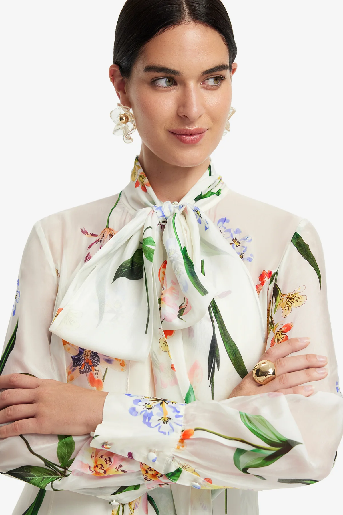 Lilith Tie Neck Maxi Dress - Botanical Print in Snow - Image 6