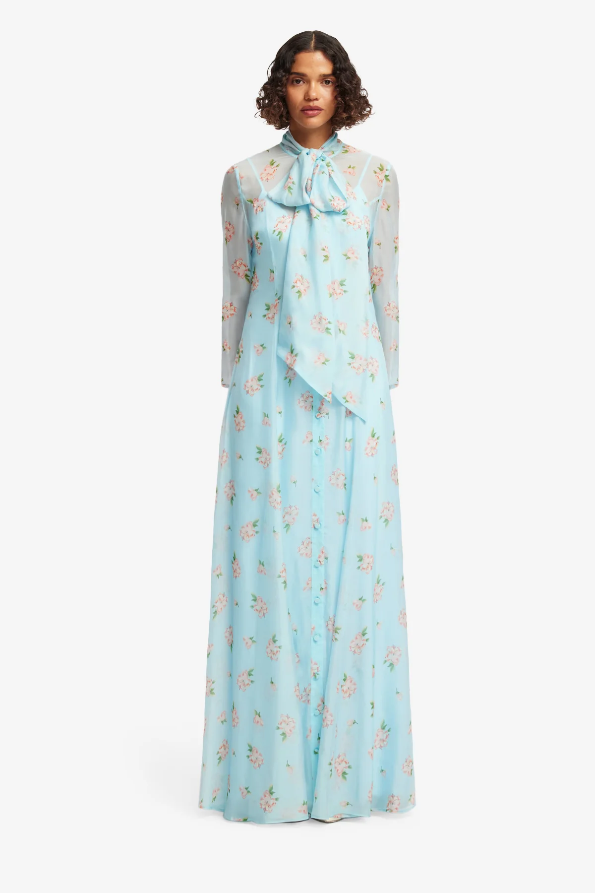 Lilith Tie Neck Maxi Dress - Ditsy Floral Print in Blue - Image 2