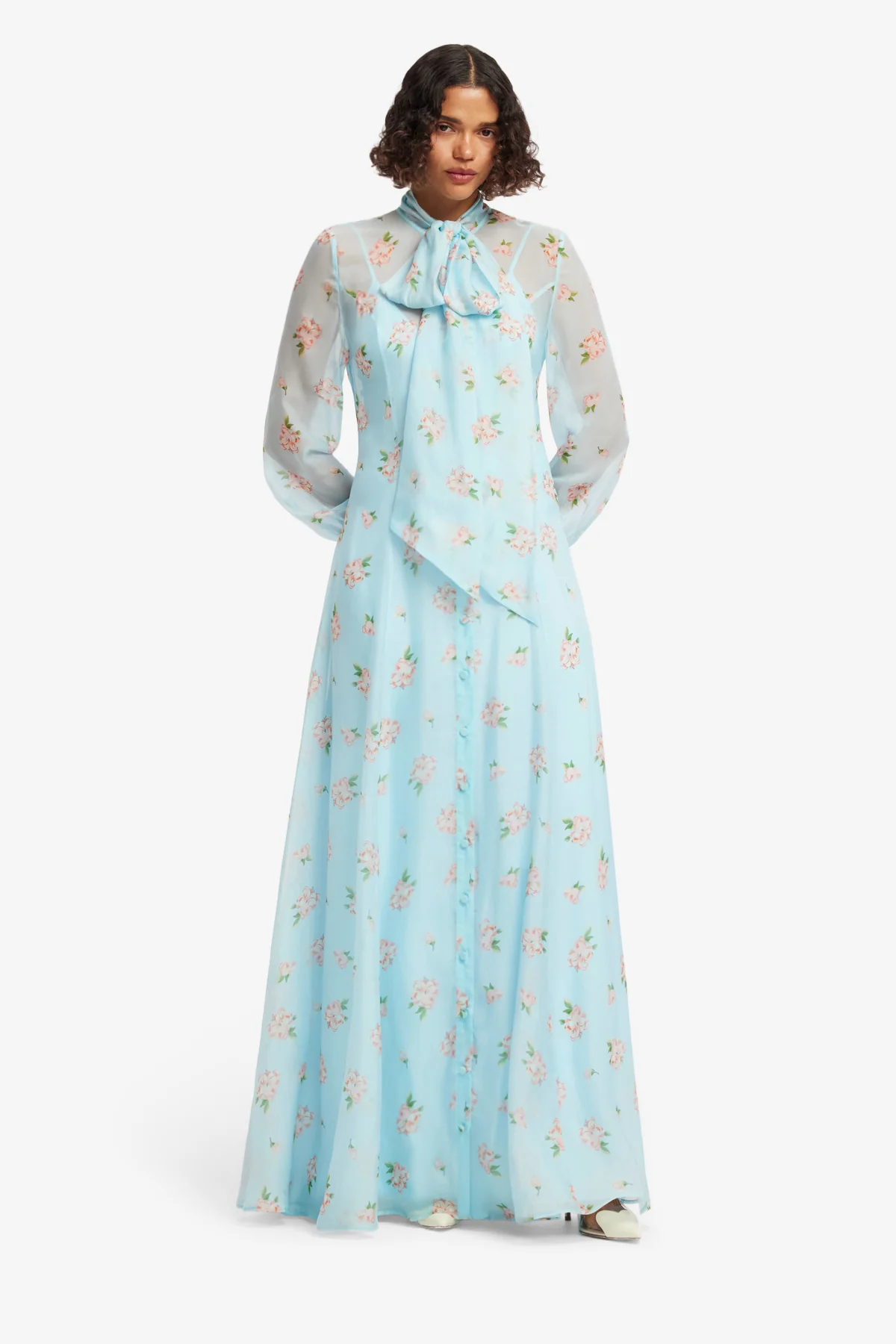 Lilith Tie Neck Maxi Dress - Ditsy Floral Print in Blue - Image 3