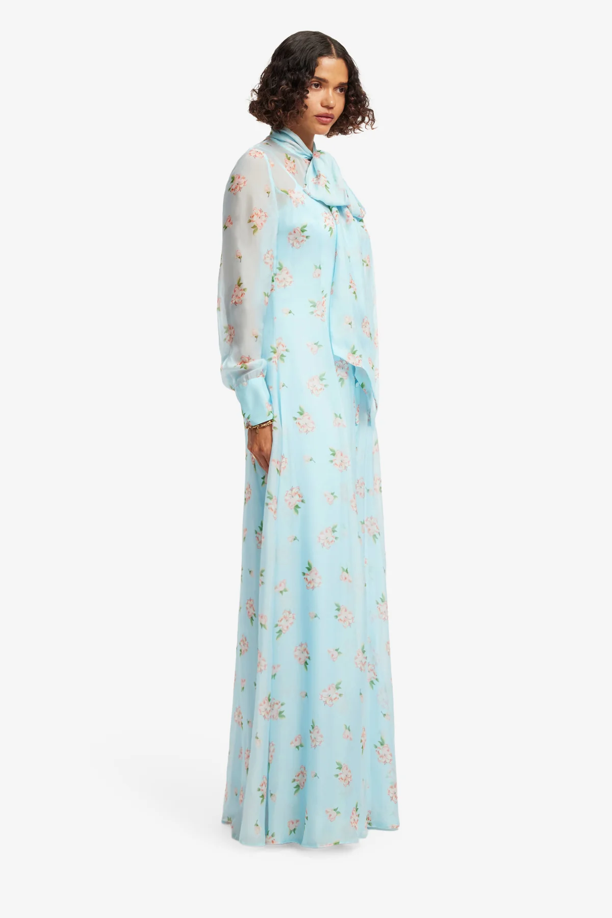 Lilith Tie Neck Maxi Dress - Ditsy Floral Print in Blue - Image 4