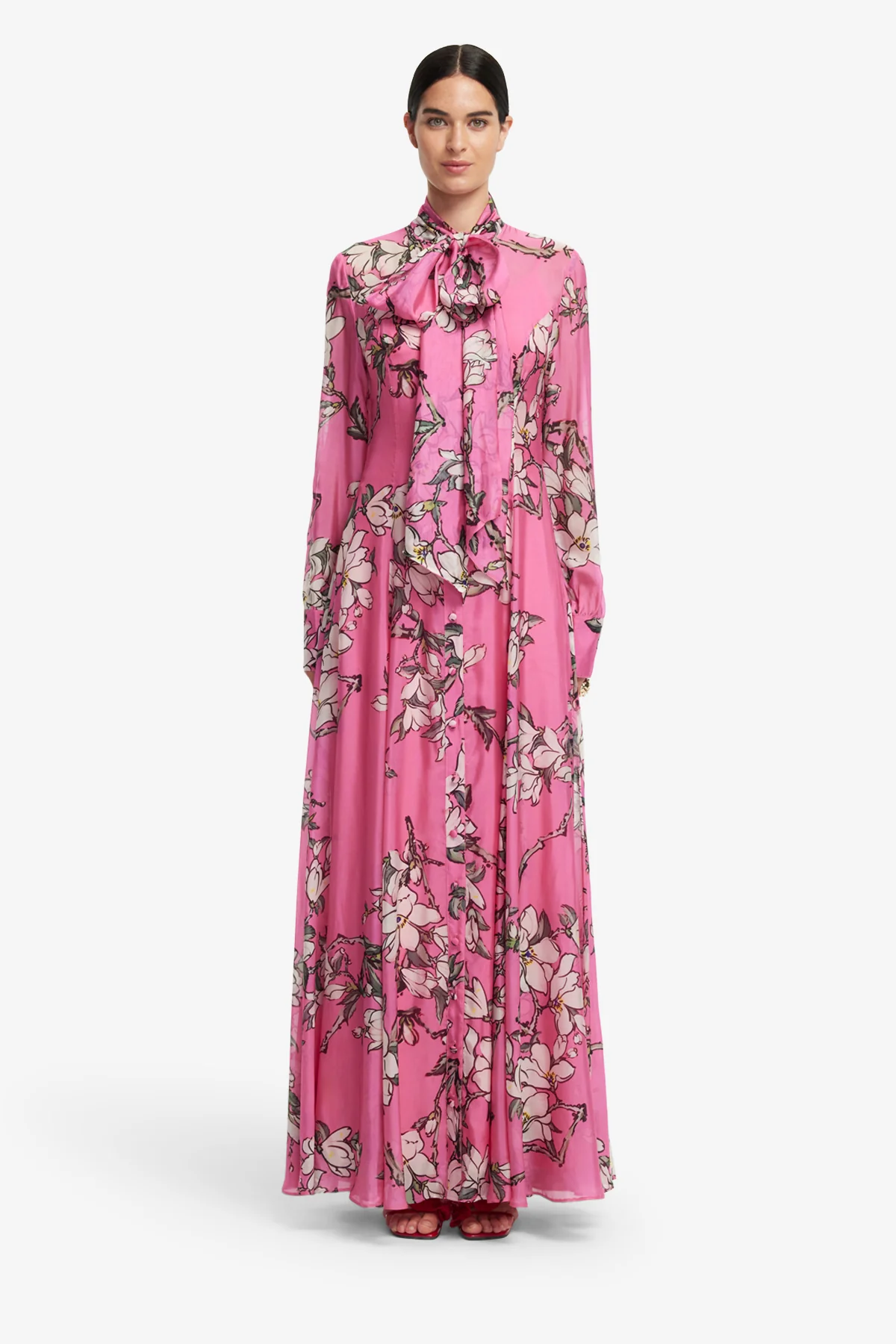 Lilith Tie Neck Maxi Dress - Pink Magnolia Print - Image 2