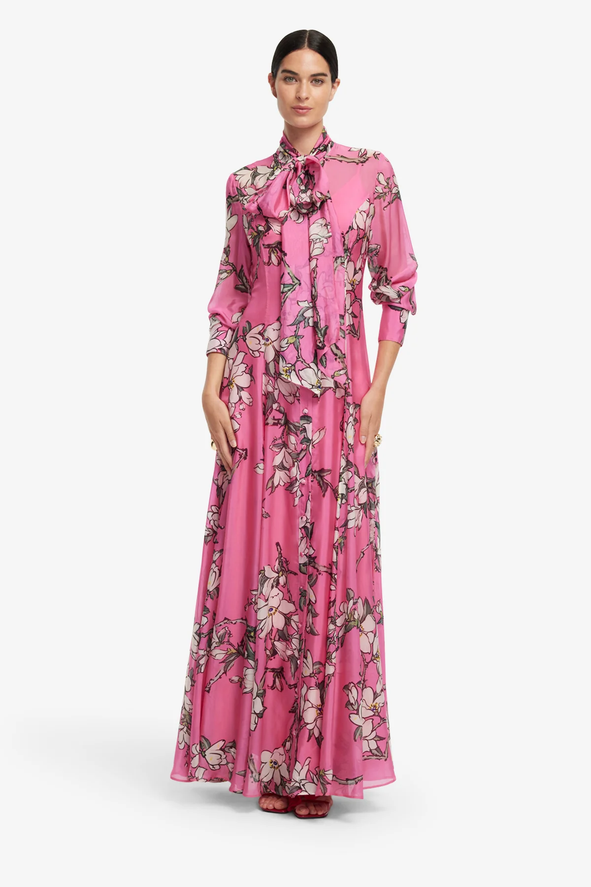 Lilith Tie Neck Maxi Dress - Pink Magnolia Print - Image 3