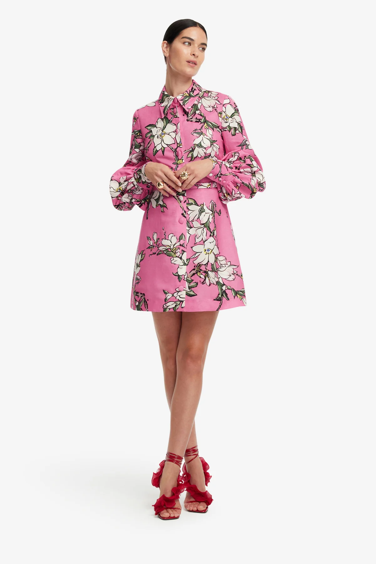 Luminous Linen Mini Dress - Pink Magnolia Print - Image 3