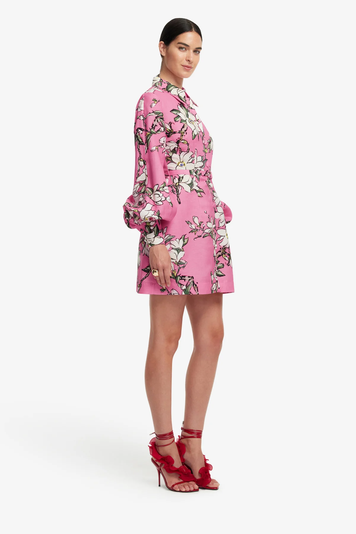 Luminous Linen Mini Dress - Pink Magnolia Print - Image 4