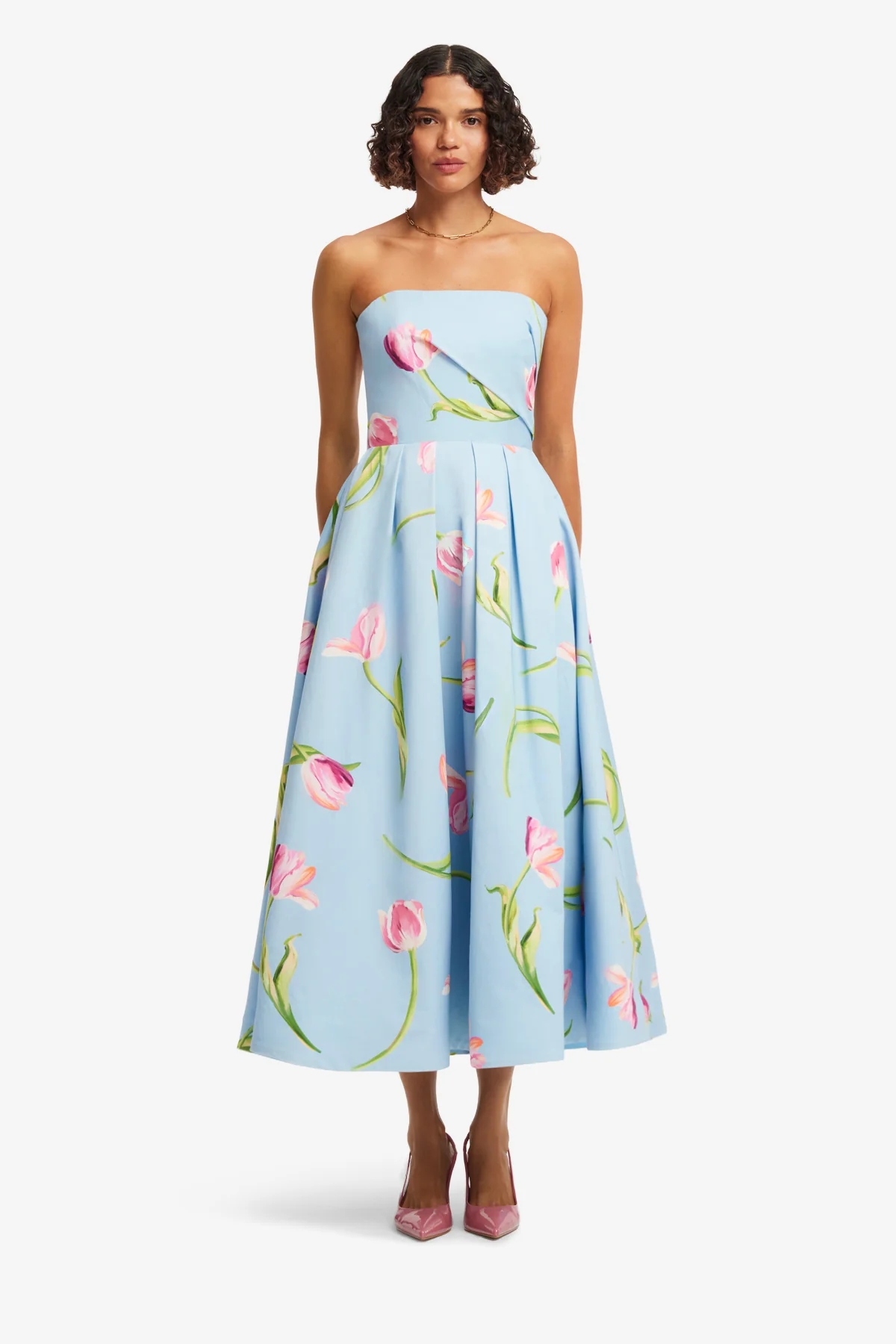 Lynn Bustier Midi Dress - Tulip Print in Blue - Image 2