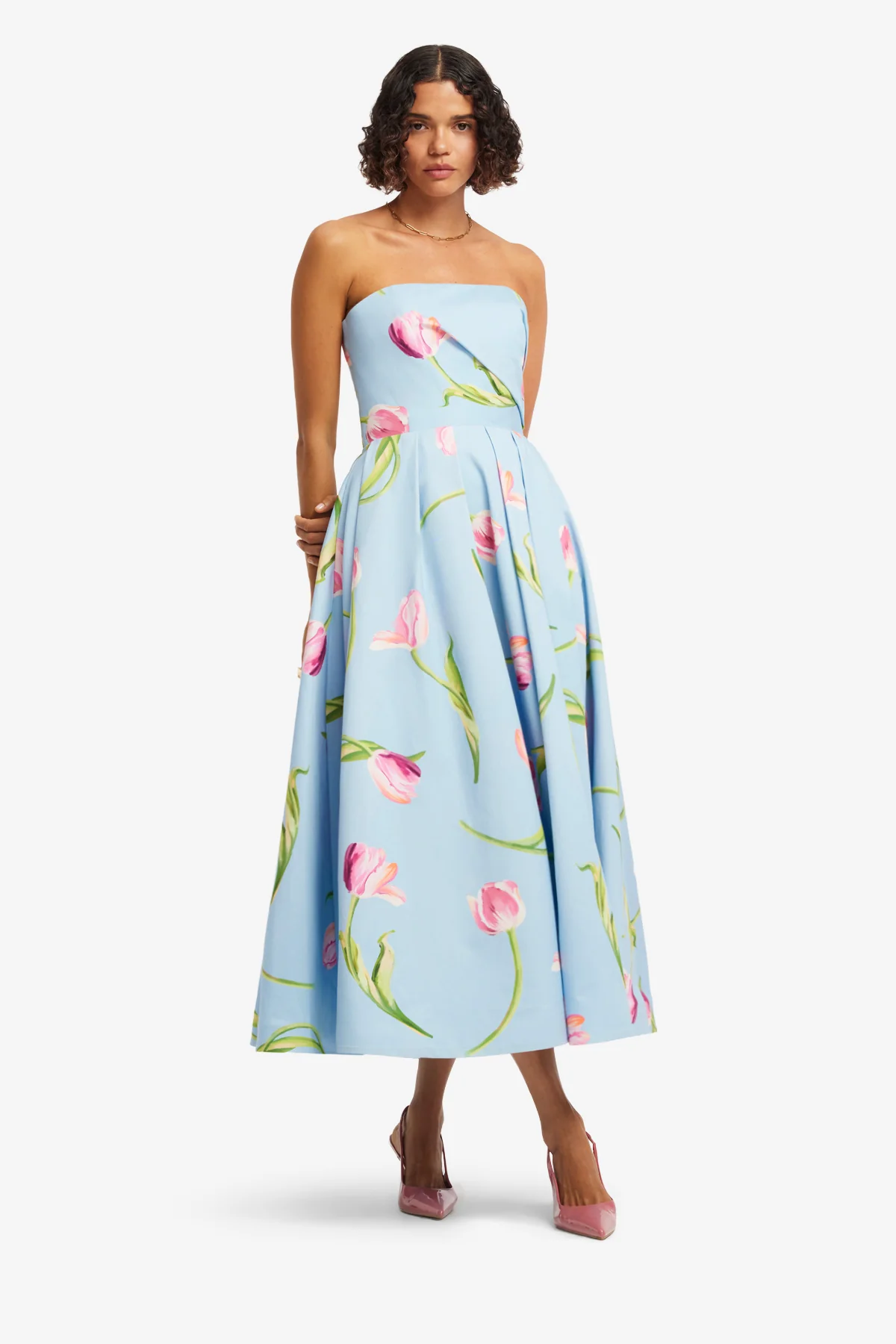 Lynn Bustier Midi Dress - Tulip Print in Blue - Image 3