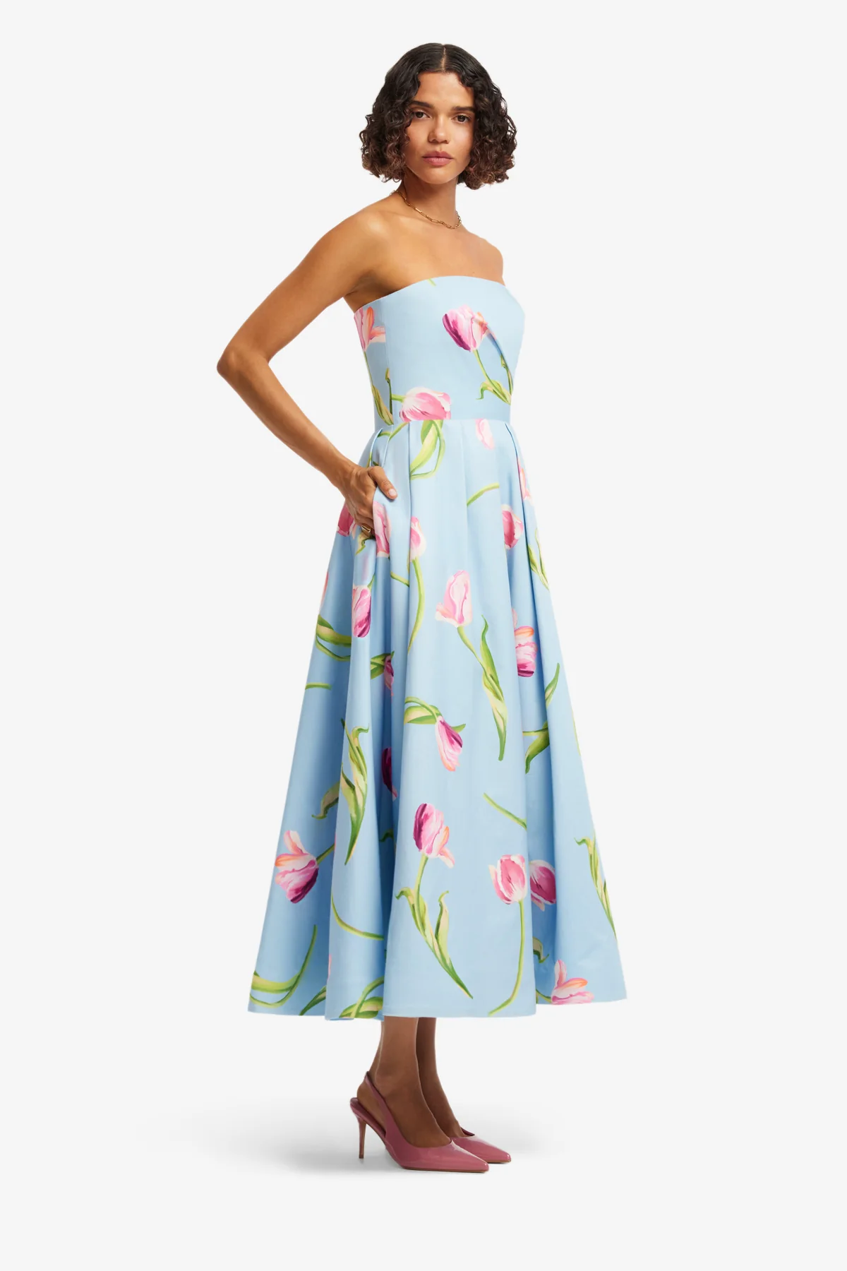 Lynn Bustier Midi Dress - Tulip Print in Blue - Image 4