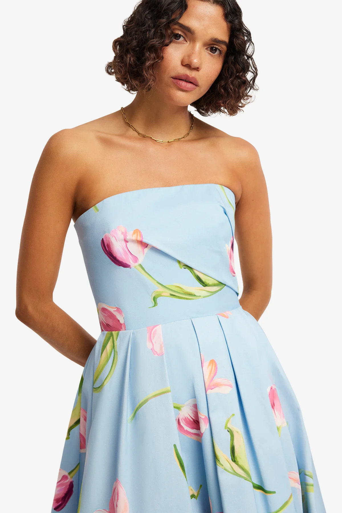 Lynn Bustier Midi Dress - Tulip Print in Blue - Image 6