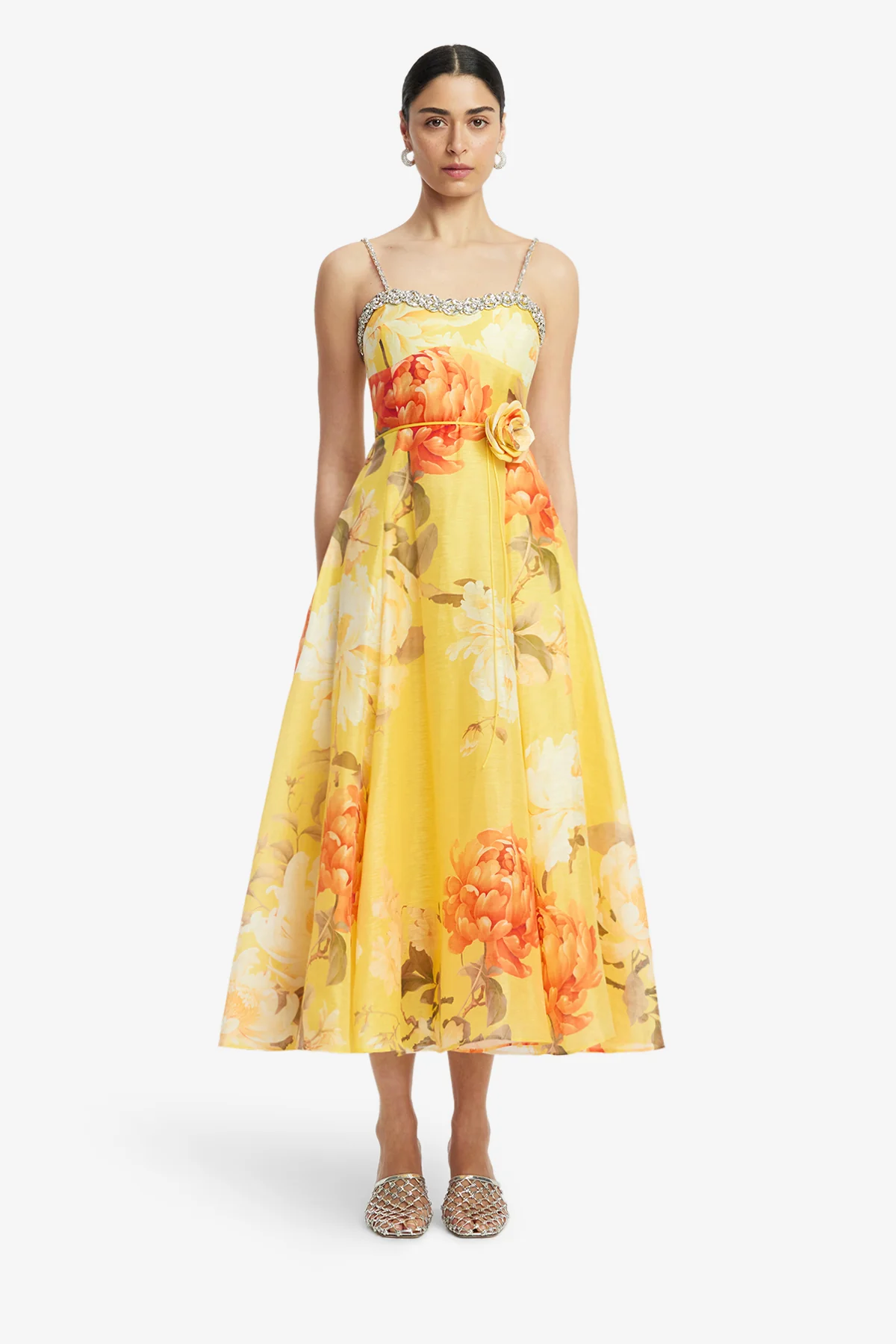 Mariela Embellished Midi Dress - Peony Print in Yellow - Image 2