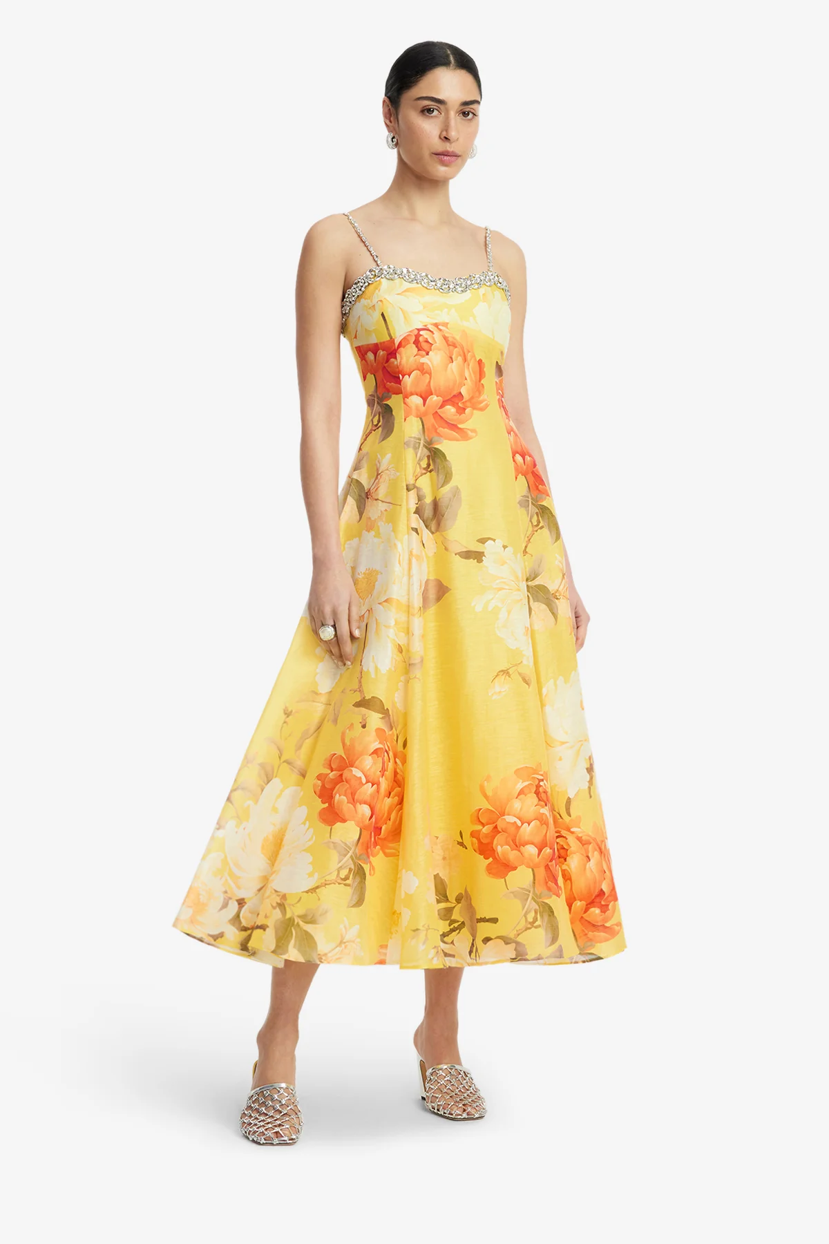 Mariela Embellished Midi Dress - Peony Print in Yellow - Image 3