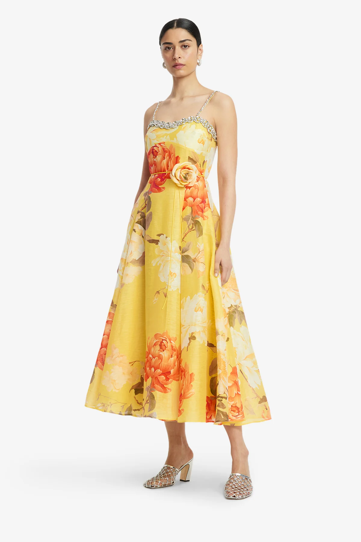 Mariela Embellished Midi Dress - Peony Print in Yellow - Image 4