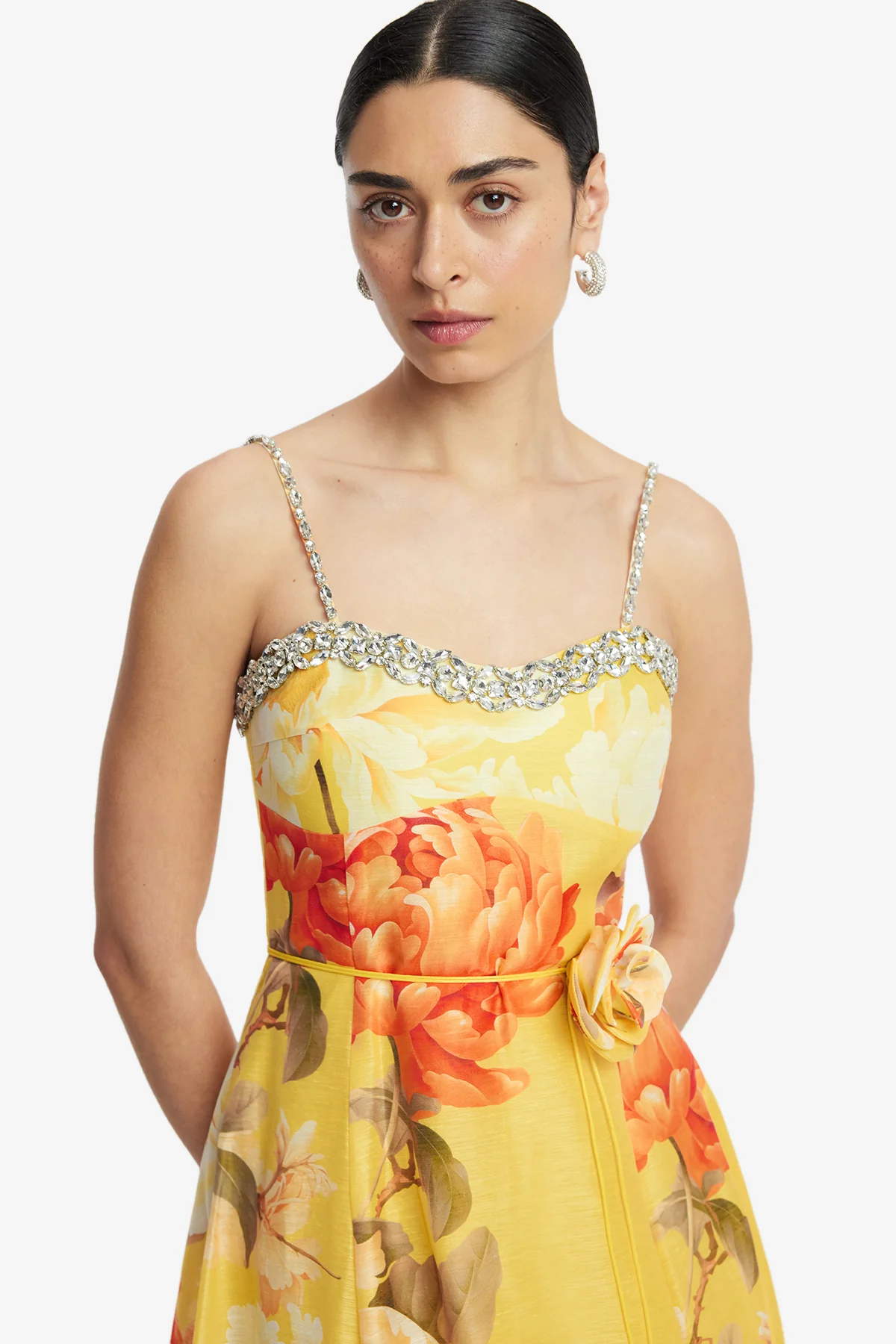 Mariela Embellished Midi Dress - Peony Print in Yellow - Image 6