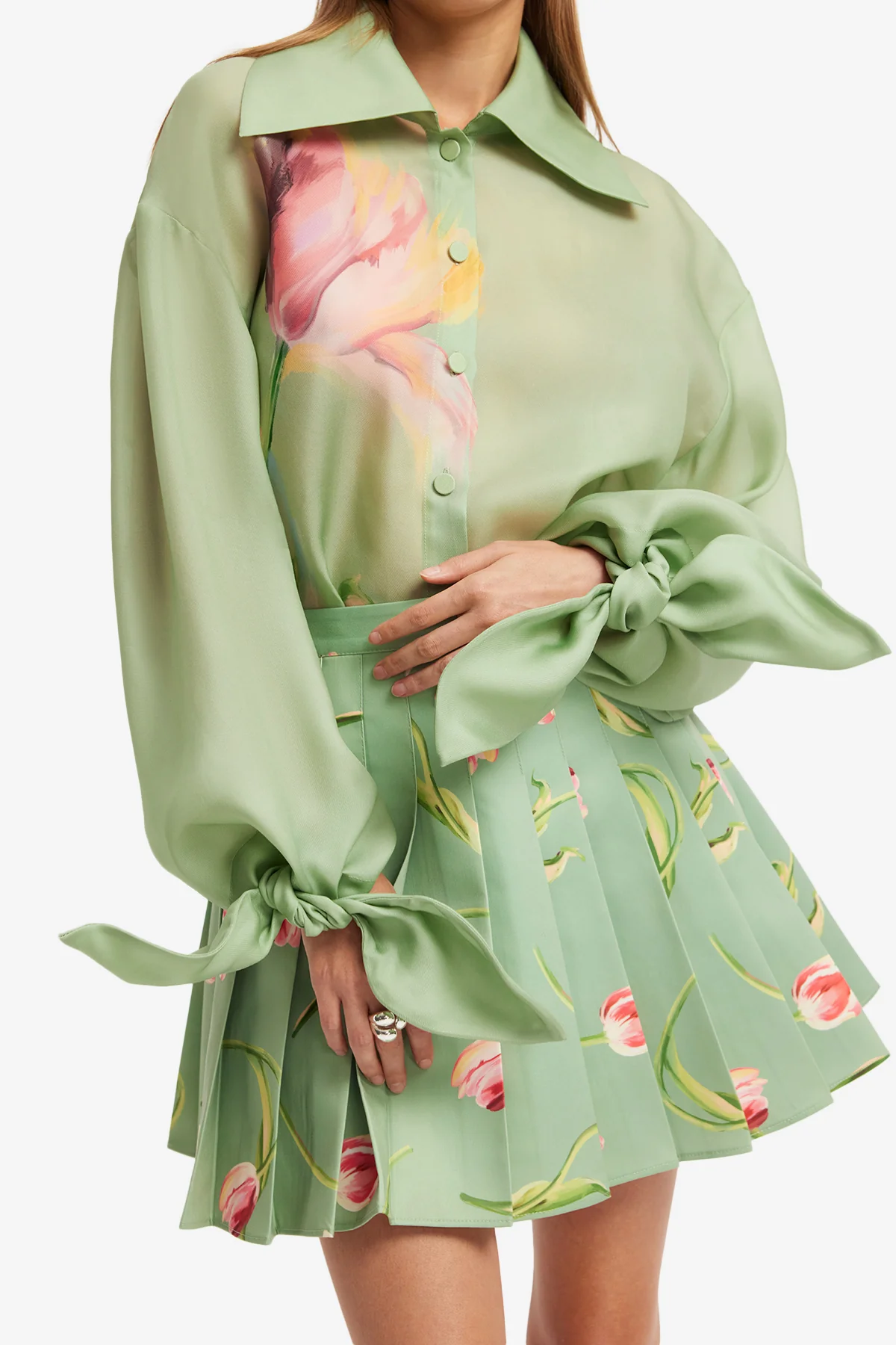 Melody Pleated Mini Skirt - Tulip Print in Green - Image 6