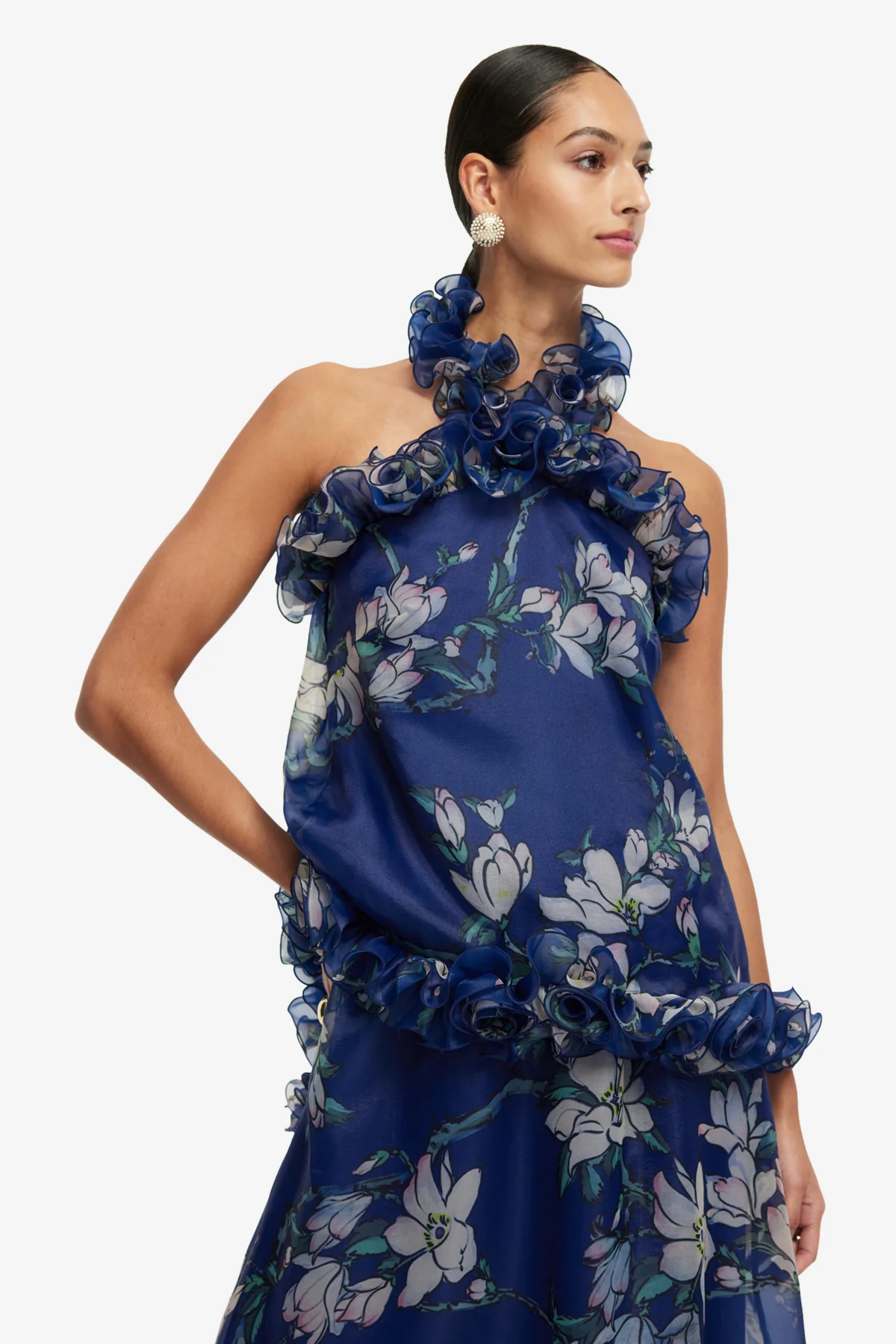 Michelle Ruffled Halterneck Top - Midnight Magnolia Print - Image 6