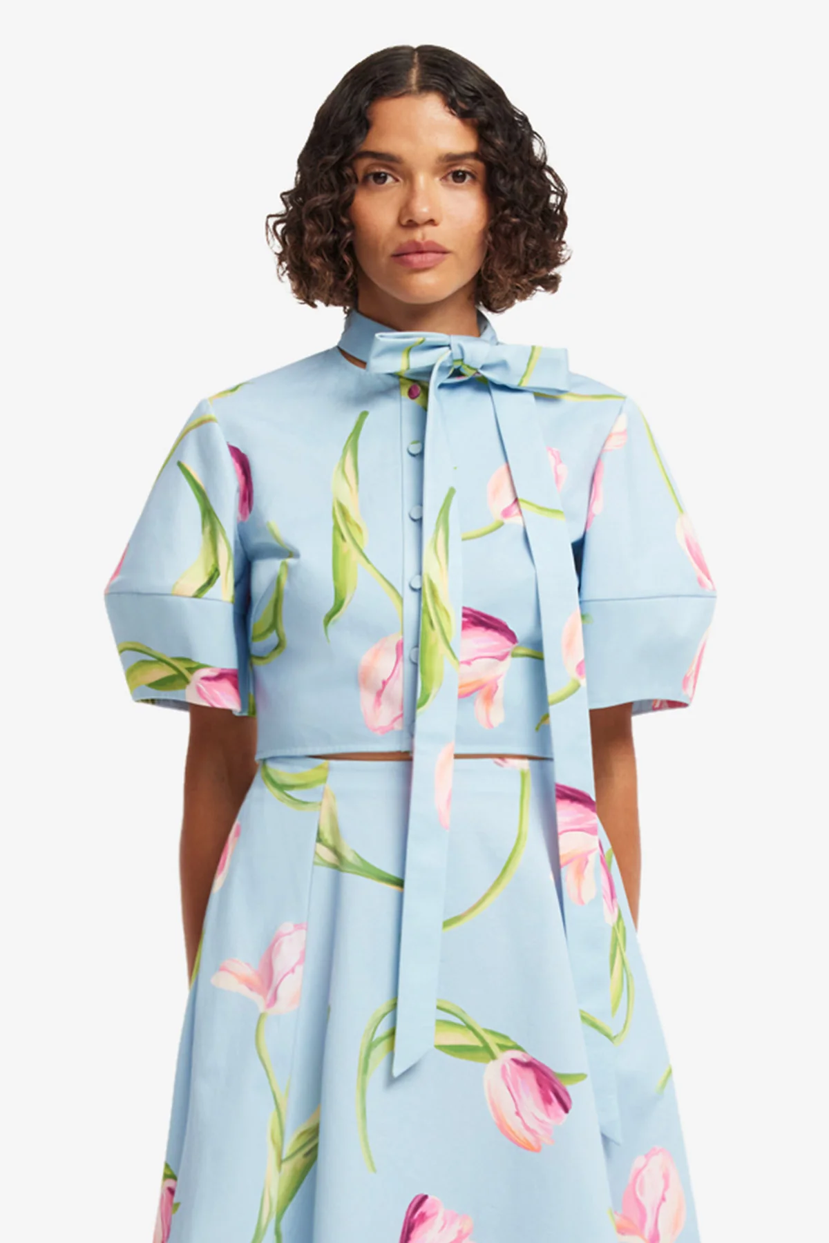 Molly Puff Sleeve Top - Tulip Print in Blue - Image 2