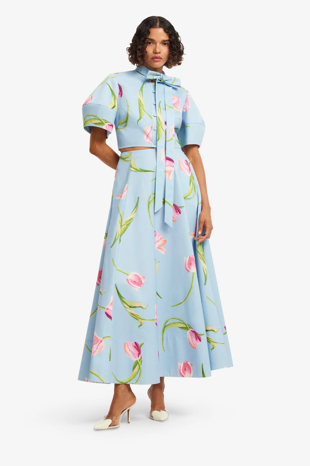 Molly Puff Sleeve Top - Tulip Print in Blue - Image 3