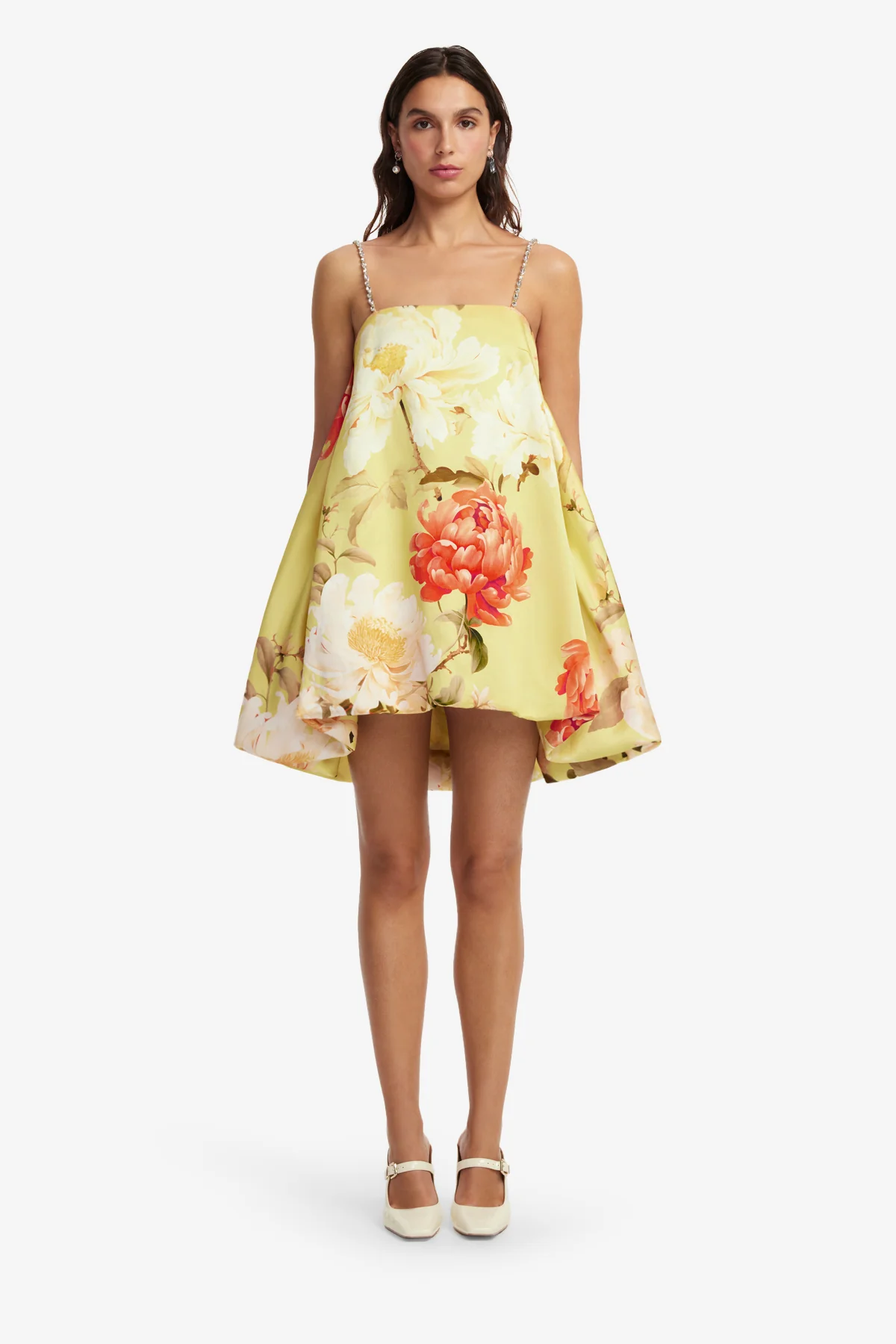 Patsy Embellished Puff Mini Dress - Peony Print in Yellow - Image 2