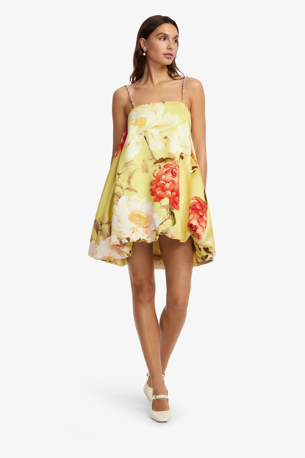 Patsy Embellished Puff Mini Dress - Peony Print in Yellow - Image 3