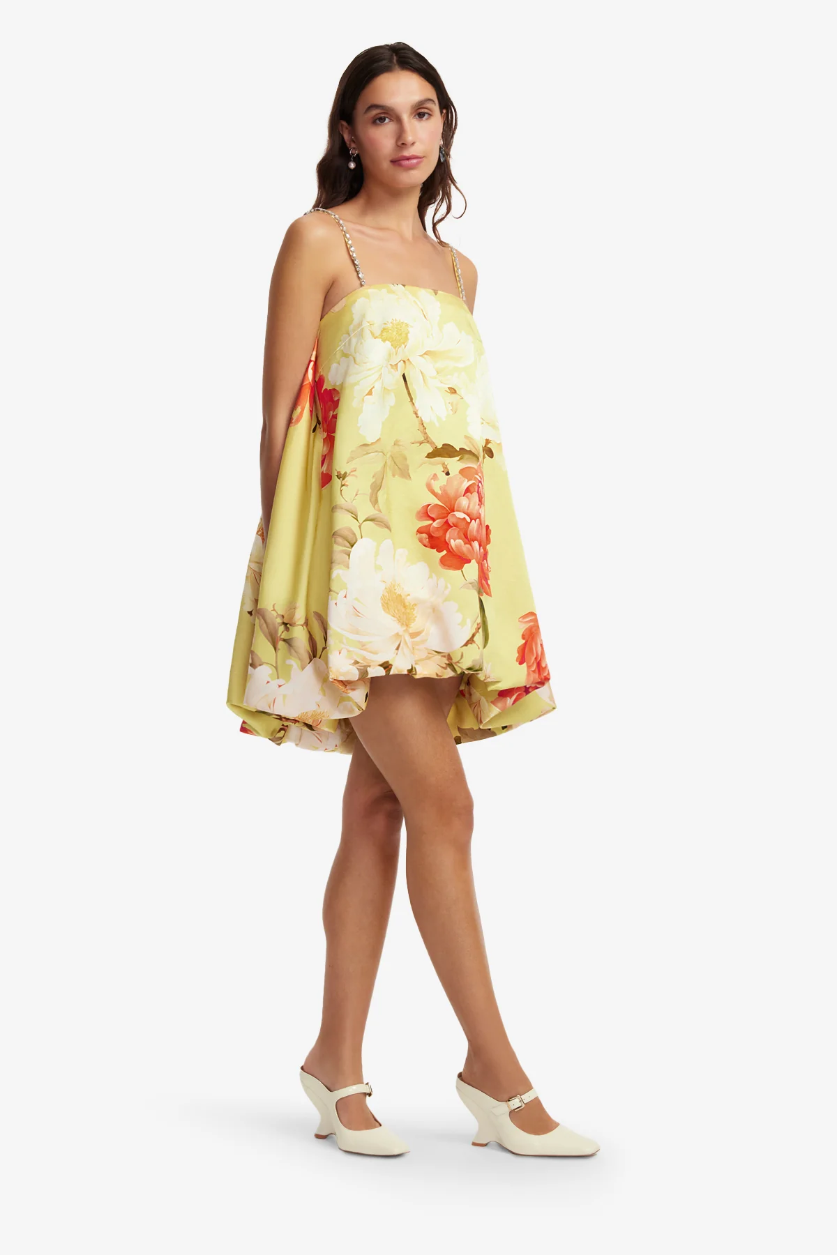 Patsy Embellished Puff Mini Dress - Peony Print in Yellow - Image 4