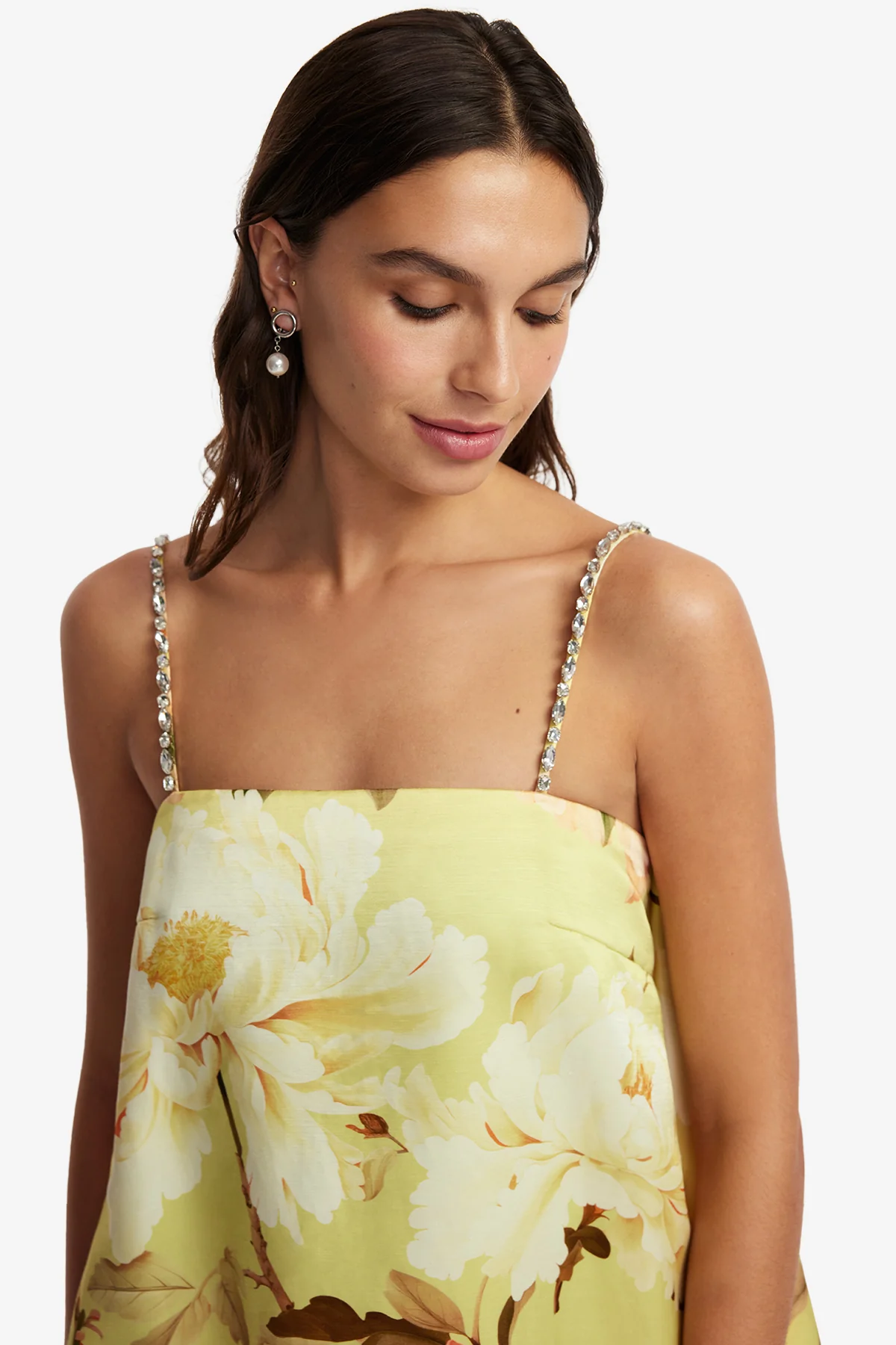 Patsy Embellished Puff Mini Dress - Peony Print in Yellow - Image 6