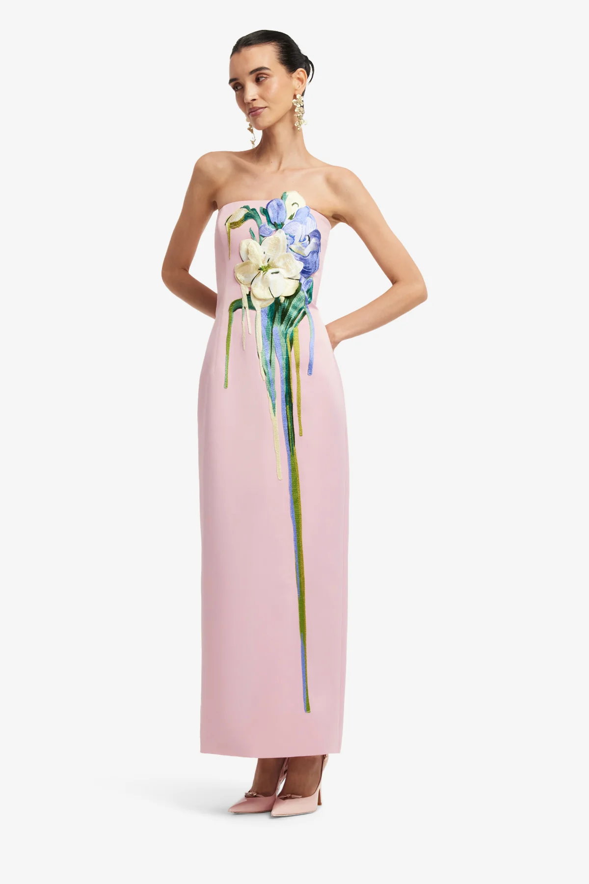 Rayna Embroidered Bustier Maxi Dress - Bouquet Print in Pastel Pink - Image 3