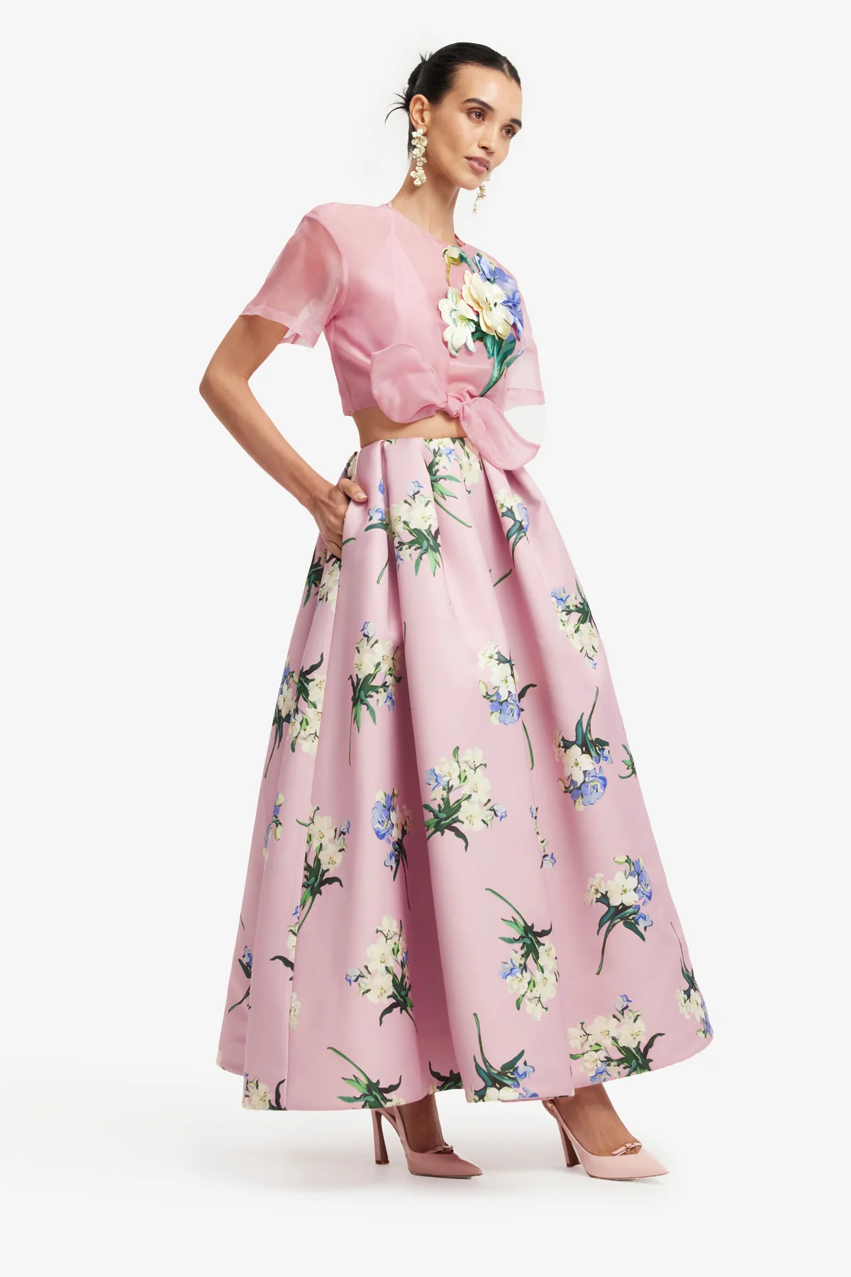 Riley Embroidered Sleeve Top - Bouquet Print in Pastel Pink - Image 4