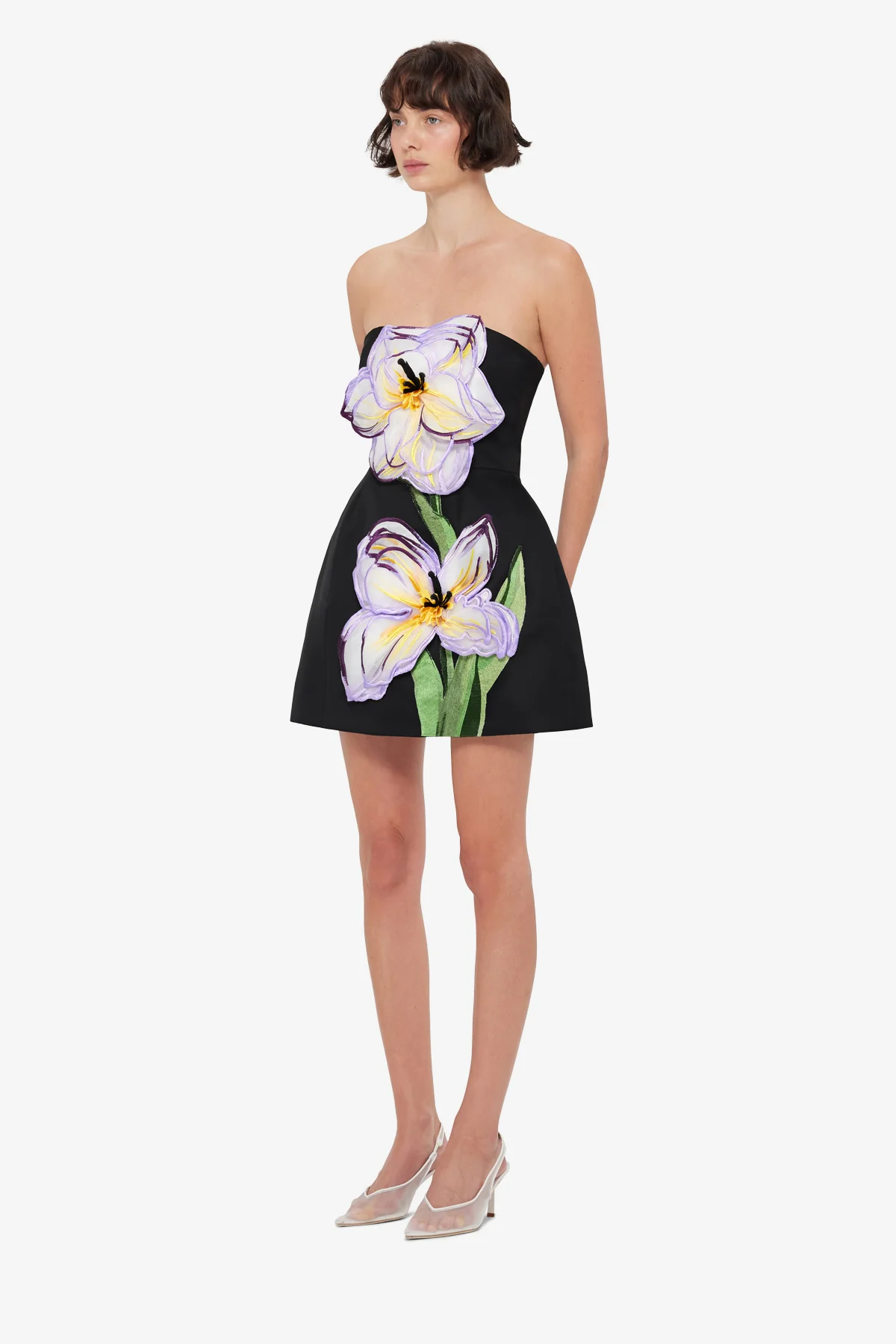 Rosario Appliqué Floral Bustier Mini Dress - Iris Print in Ebony - Image 4