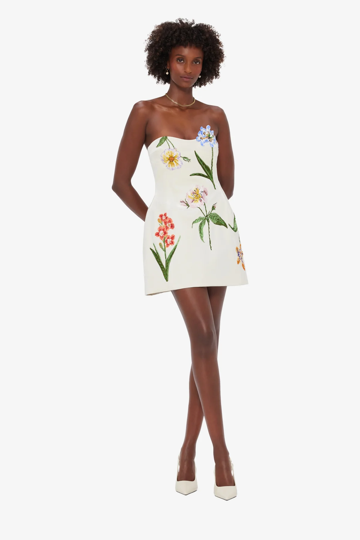 Rosario Velvet Mini Dress - Botanical Print in Snow - Image 3
