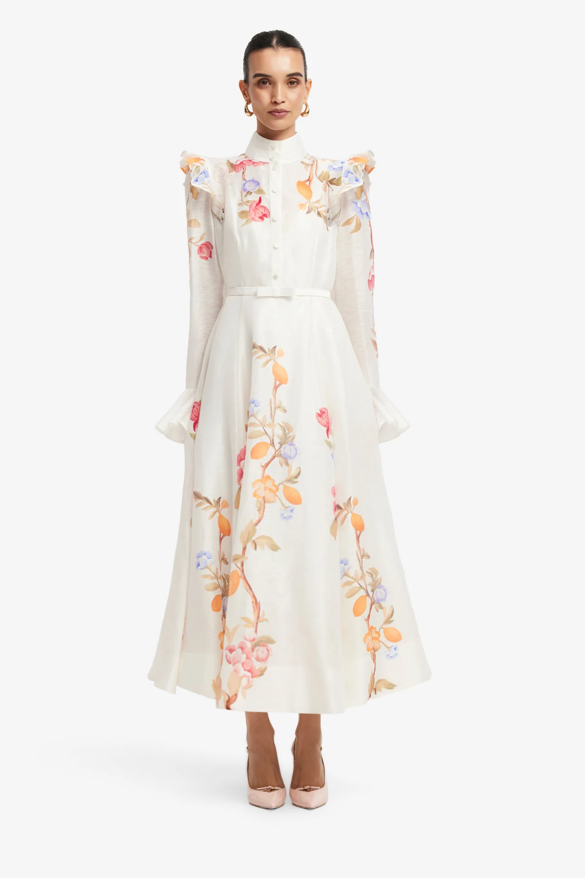 Selina Butterfly Sleeve Midi Dress - Lemon Vine Print in Snow - Image 2