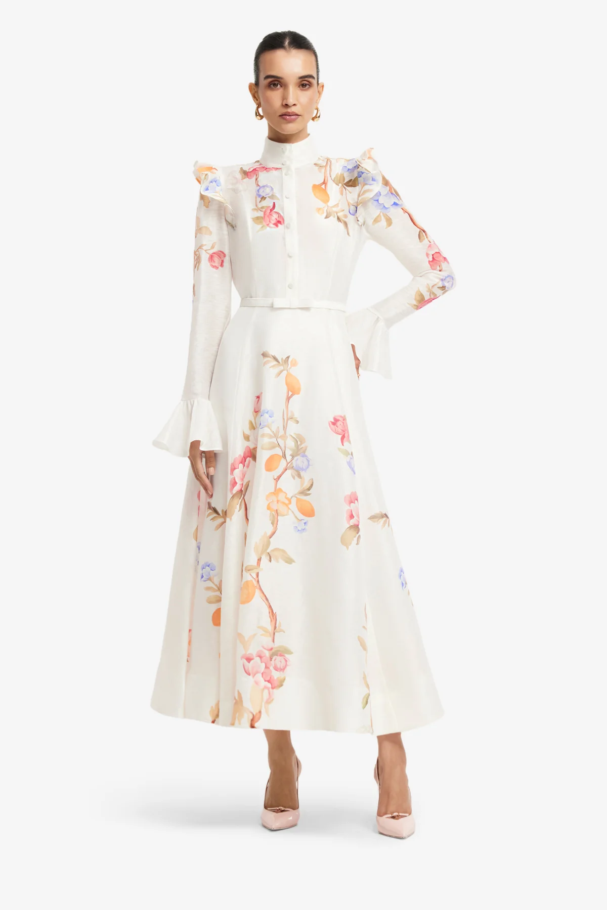 Selina Butterfly Sleeve Midi Dress - Lemon Vine Print in Snow - Image 3