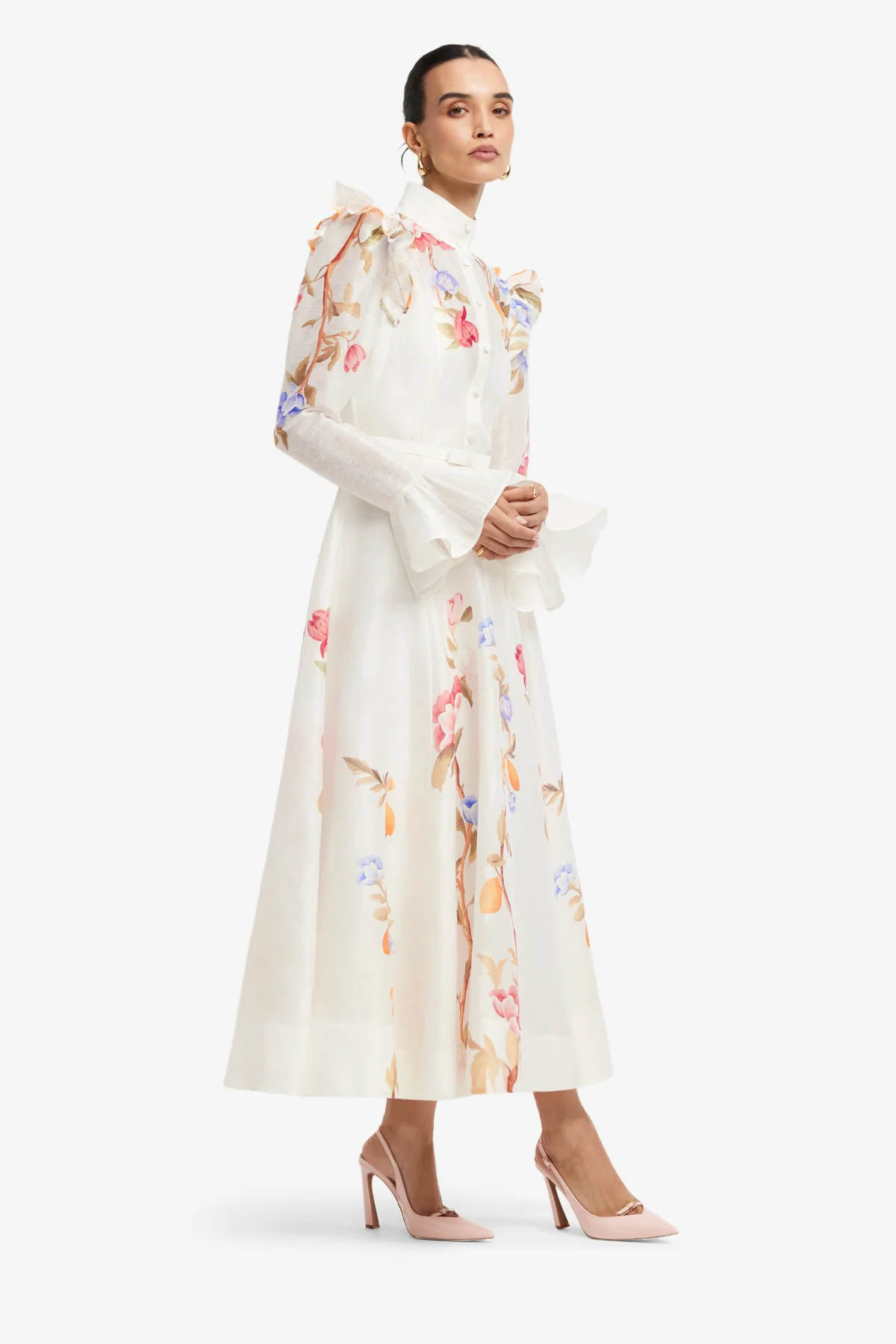 Selina Butterfly Sleeve Midi Dress - Lemon Vine Print in Snow - Image 4
