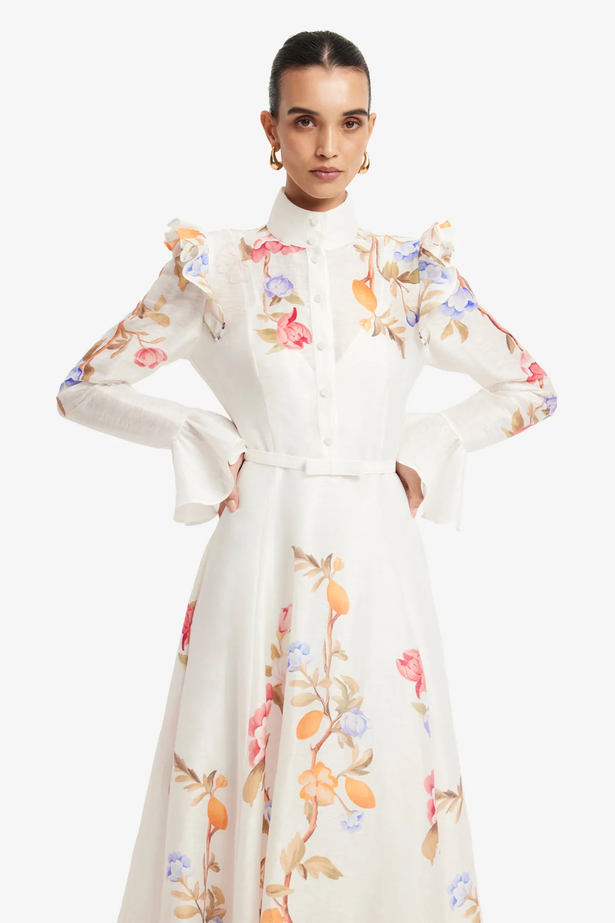 Selina Butterfly Sleeve Midi Dress - Lemon Vine Print in Snow - Image 6