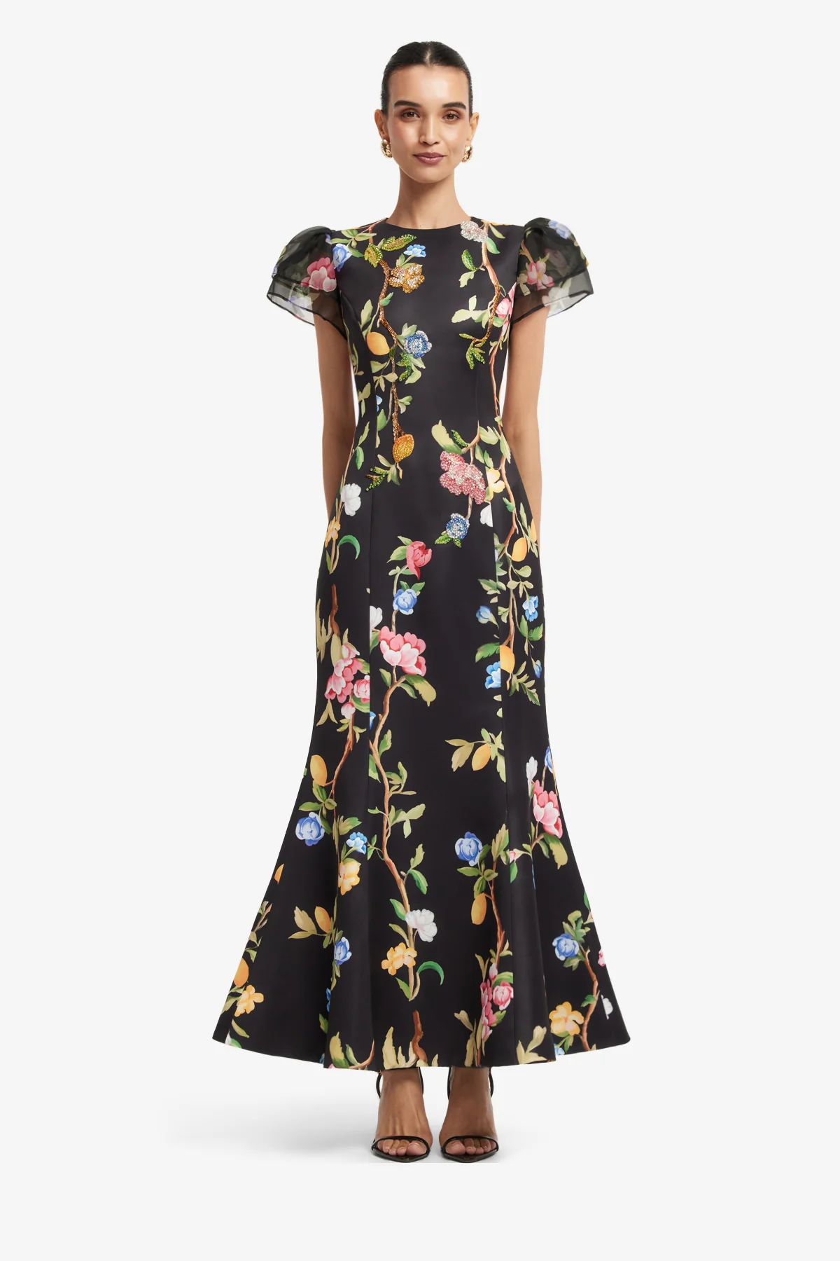 Sofia Embellished Puff Sleeve Maxi Dress - Lemon Vine Print in Ebony - Image 2
