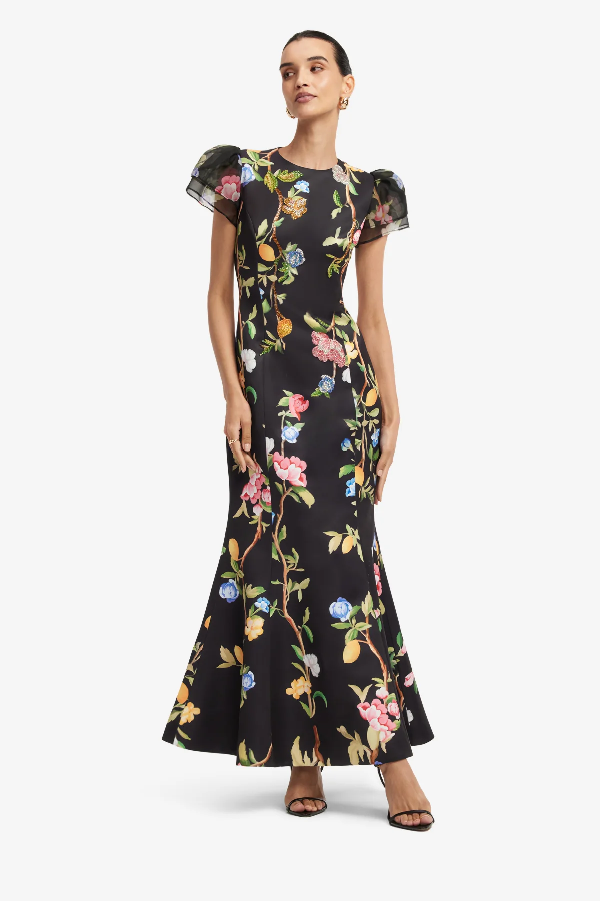 Sofia Embellished Puff Sleeve Maxi Dress - Lemon Vine Print in Ebony - Image 3