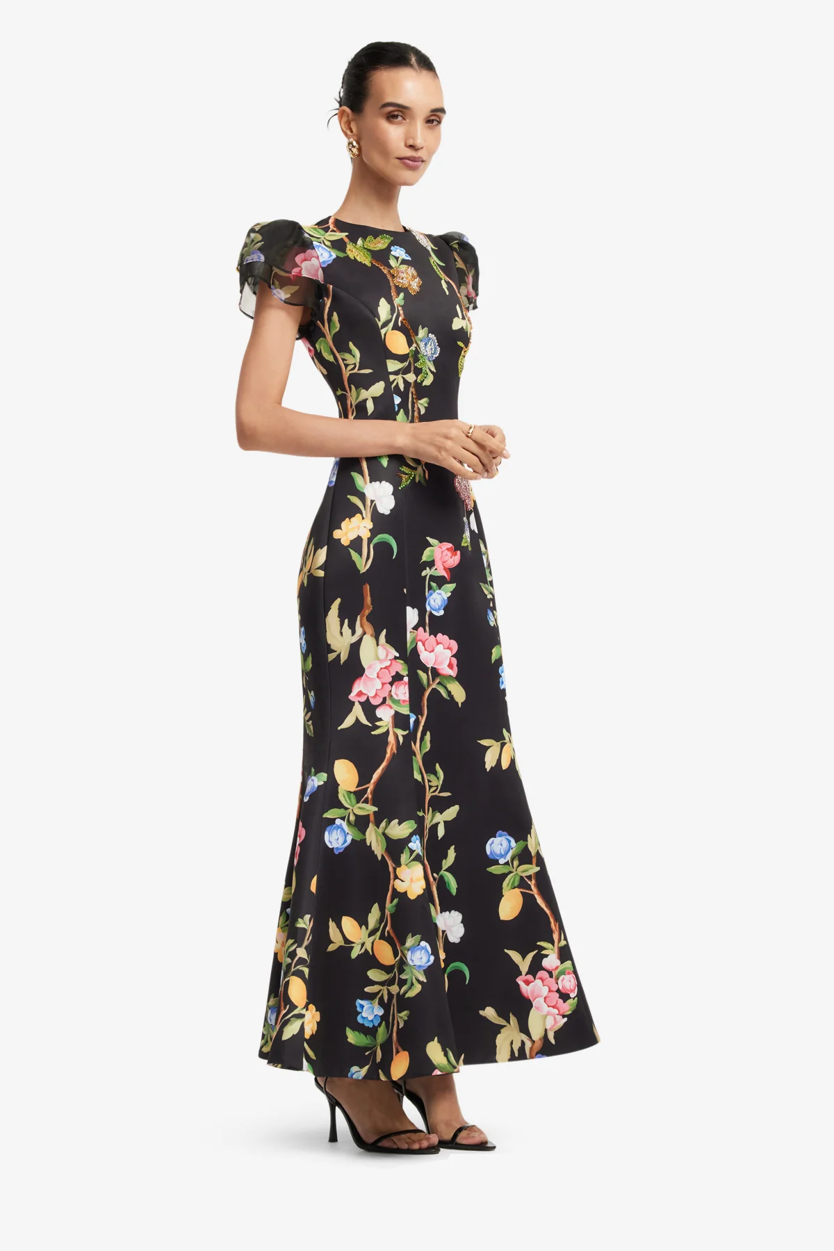 Sofia Embellished Puff Sleeve Maxi Dress - Lemon Vine Print in Ebony - Image 4
