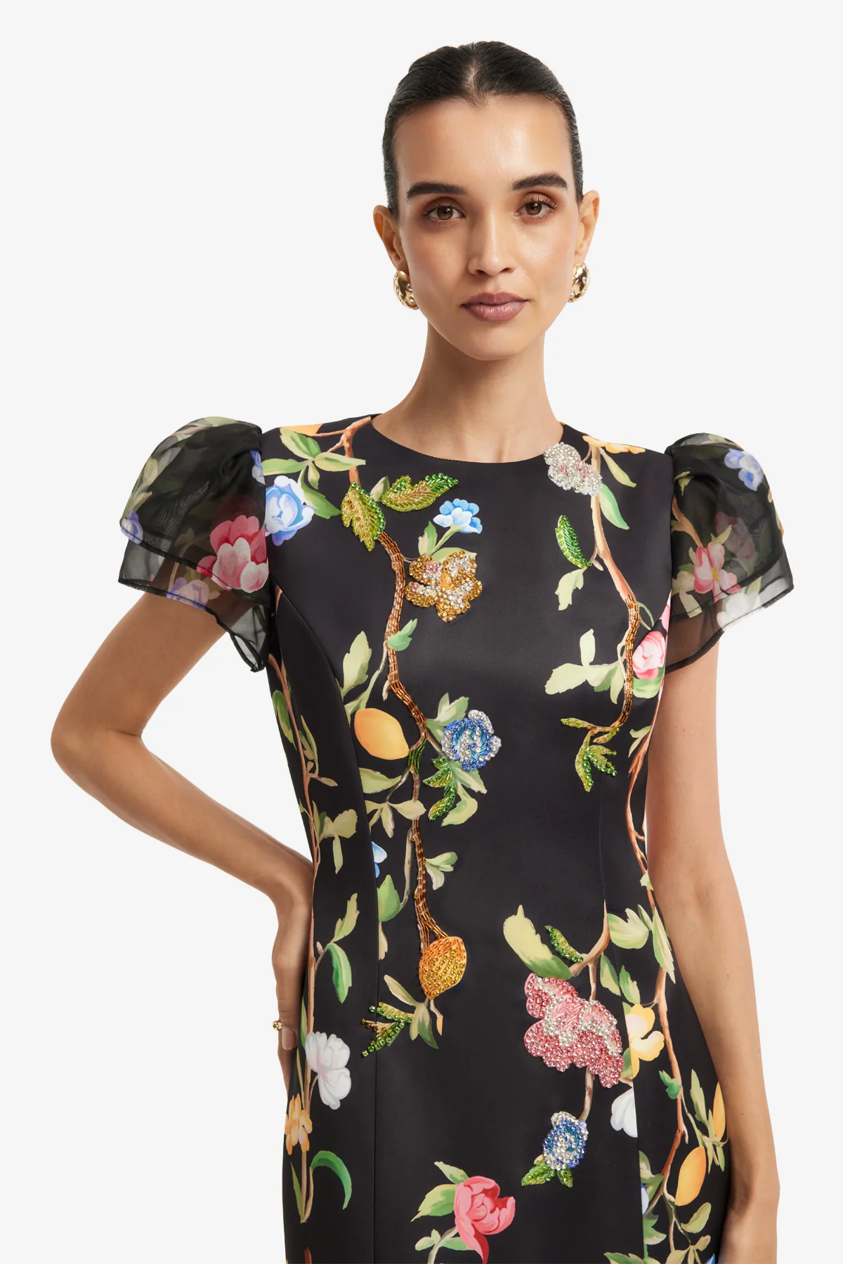 Sofia Embellished Puff Sleeve Maxi Dress - Lemon Vine Print in Ebony - Image 6