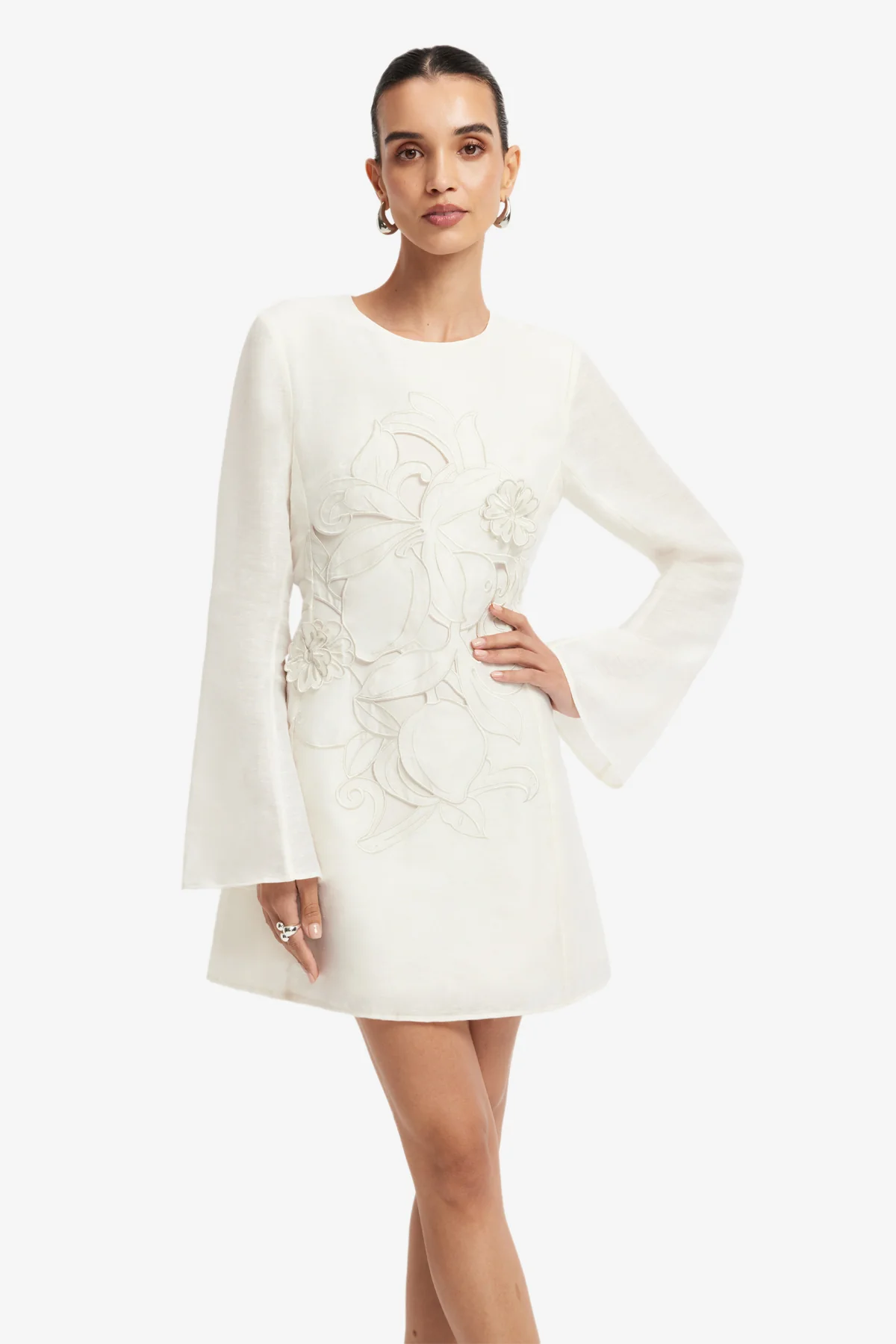 Suzanne Appliqué Bell Sleeve Mini Dress - Snow - Image 6