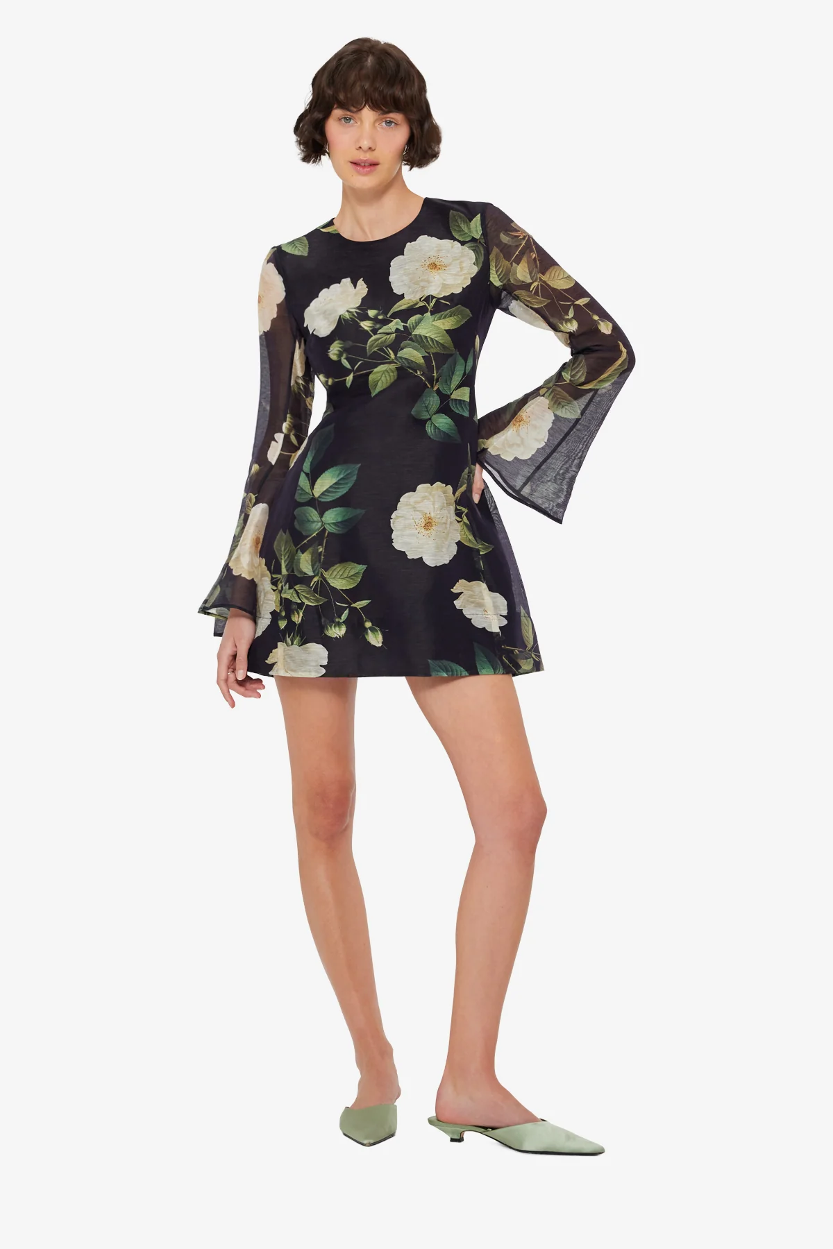 Suzanne Bell Sleeve Mini Dress - White Rose Print - Image 3